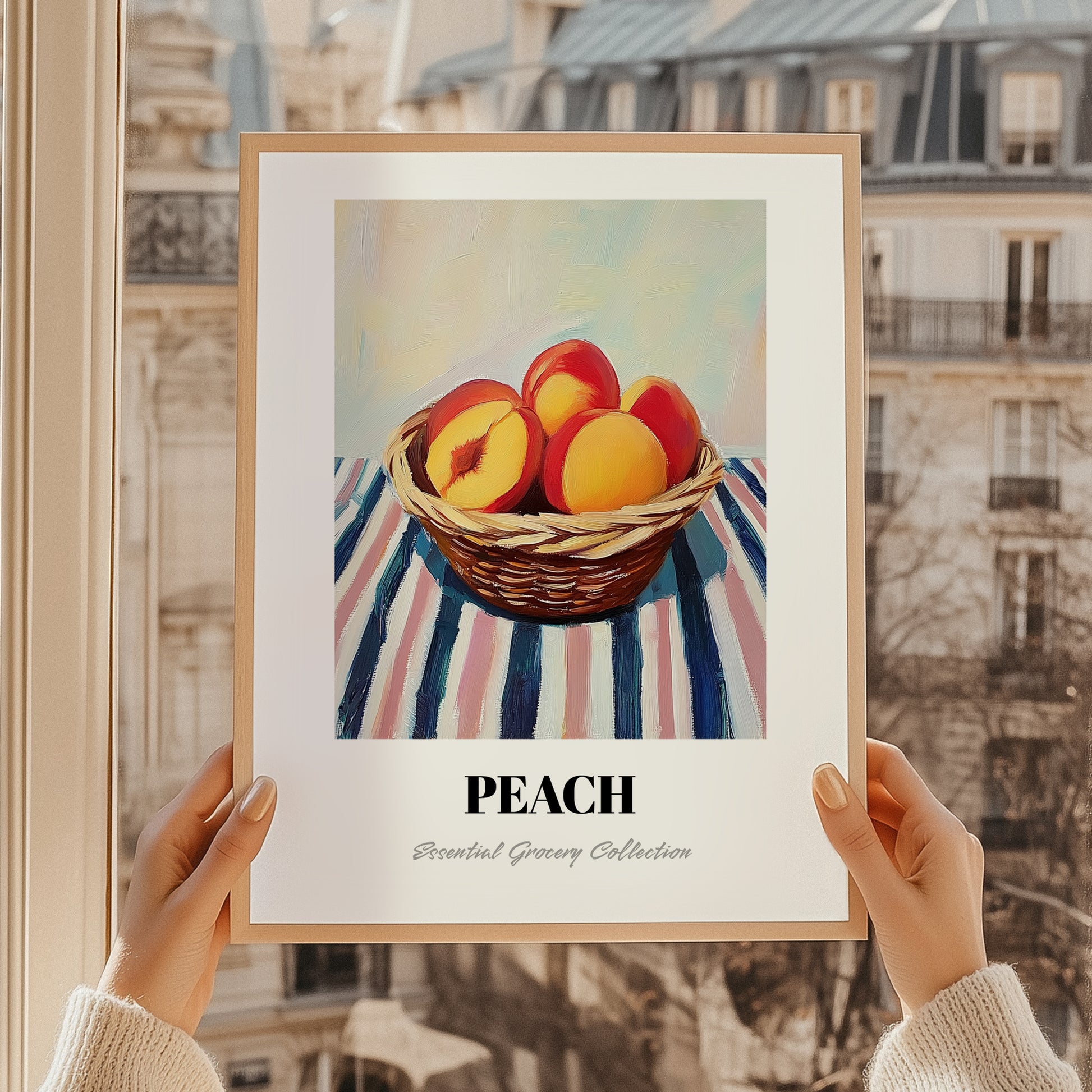 Peach – on Striped Tablecloth, Fruit Still Life, styled in a charming Paris street view