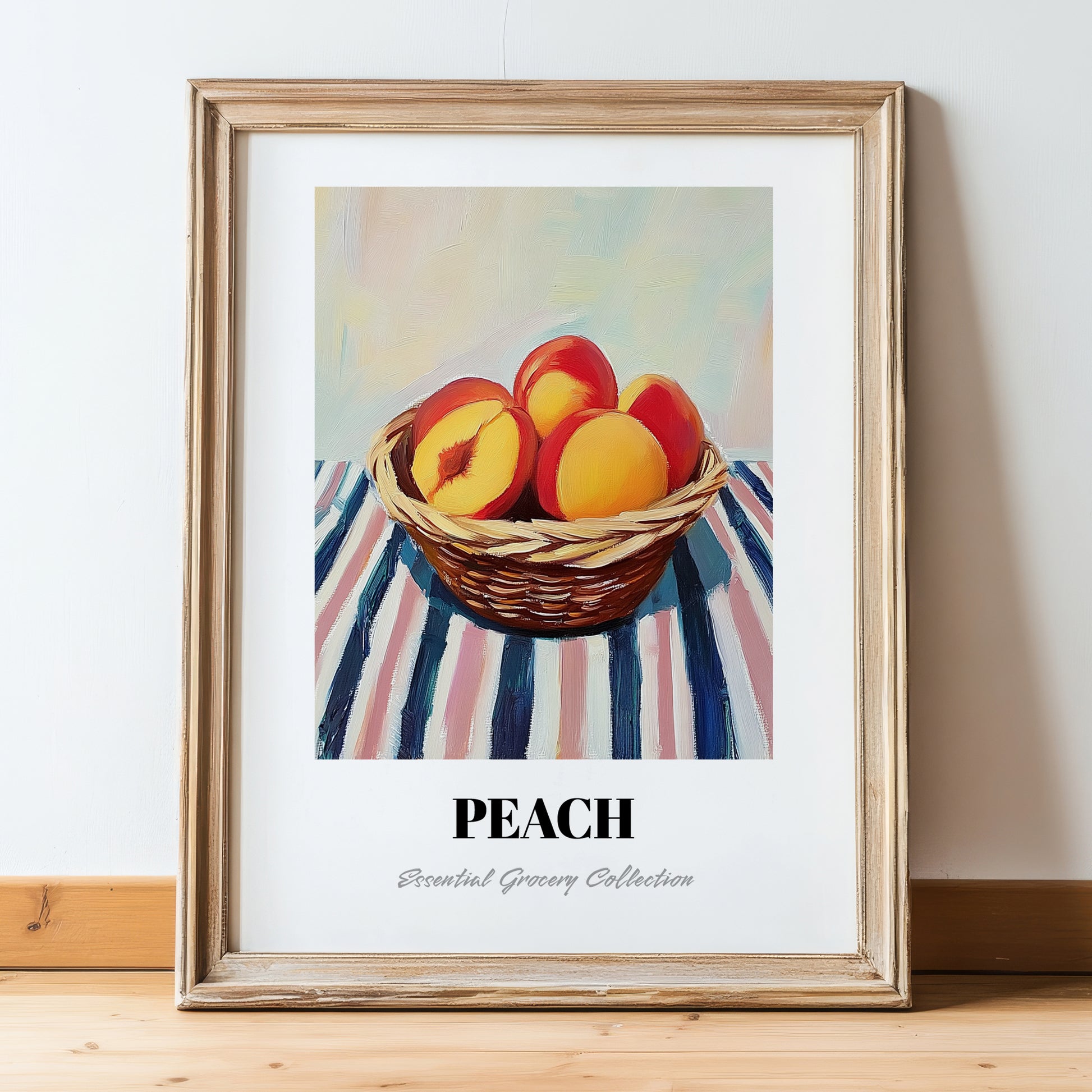 Peach – on Striped Tablecloth, Fruit Still Life, in wooden frame leaning on the floor