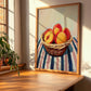 Peach – on Striped Tablecloth, Fruit Still Life, clean layout with no caption