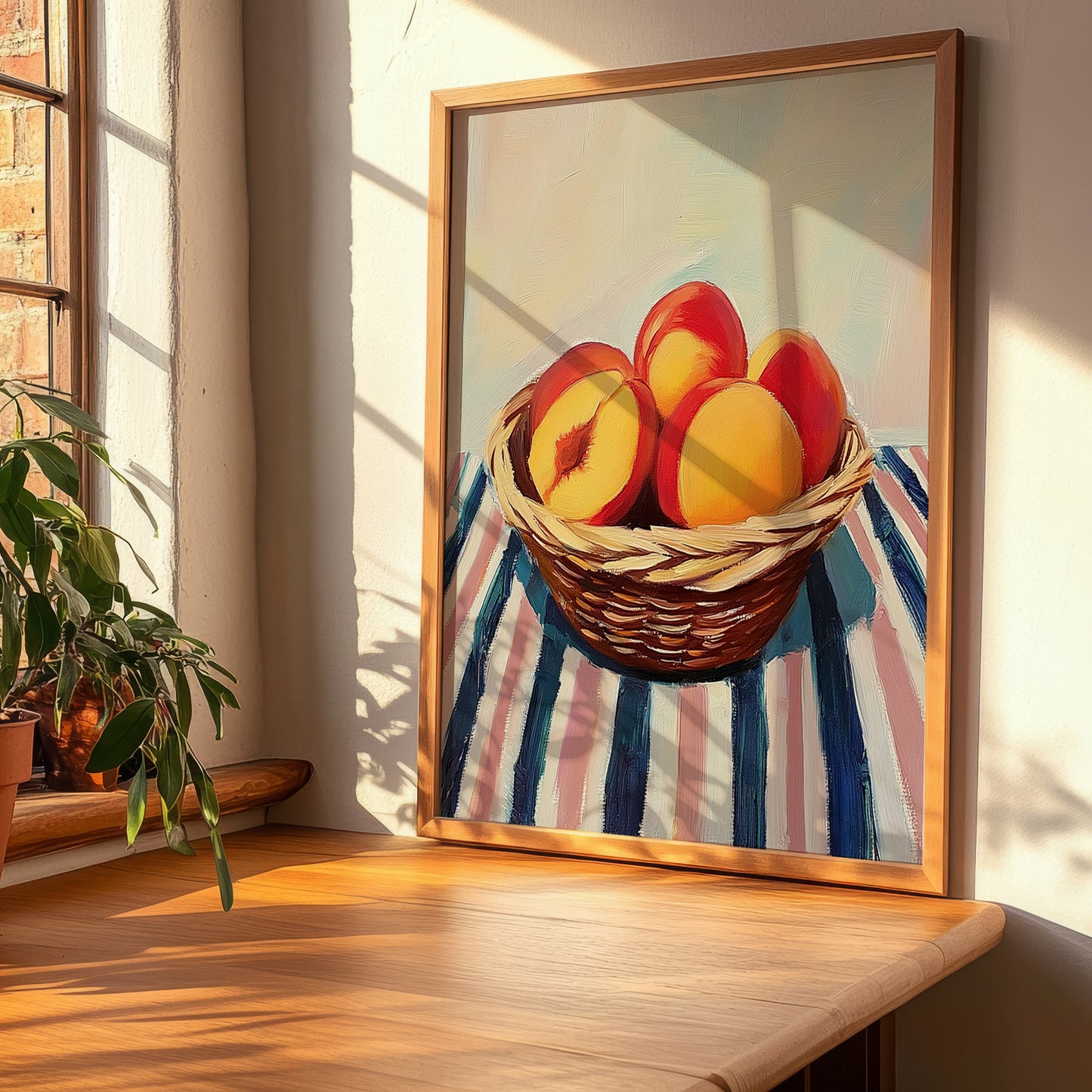 Peach – on Striped Tablecloth, Fruit Still Life, clean layout with no caption