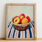 Peach – on Striped Tablecloth, Fruit Still Life, no-text version framed in wood