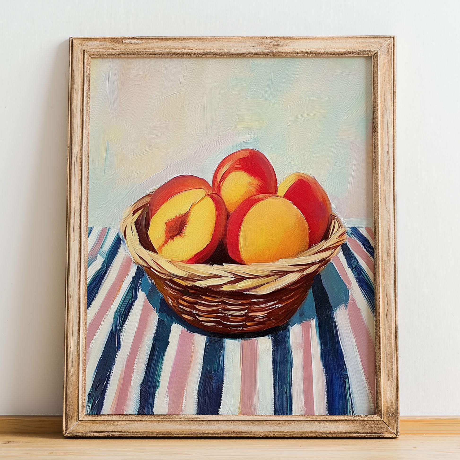 Peach – on Striped Tablecloth, Fruit Still Life, no-text version framed in wood