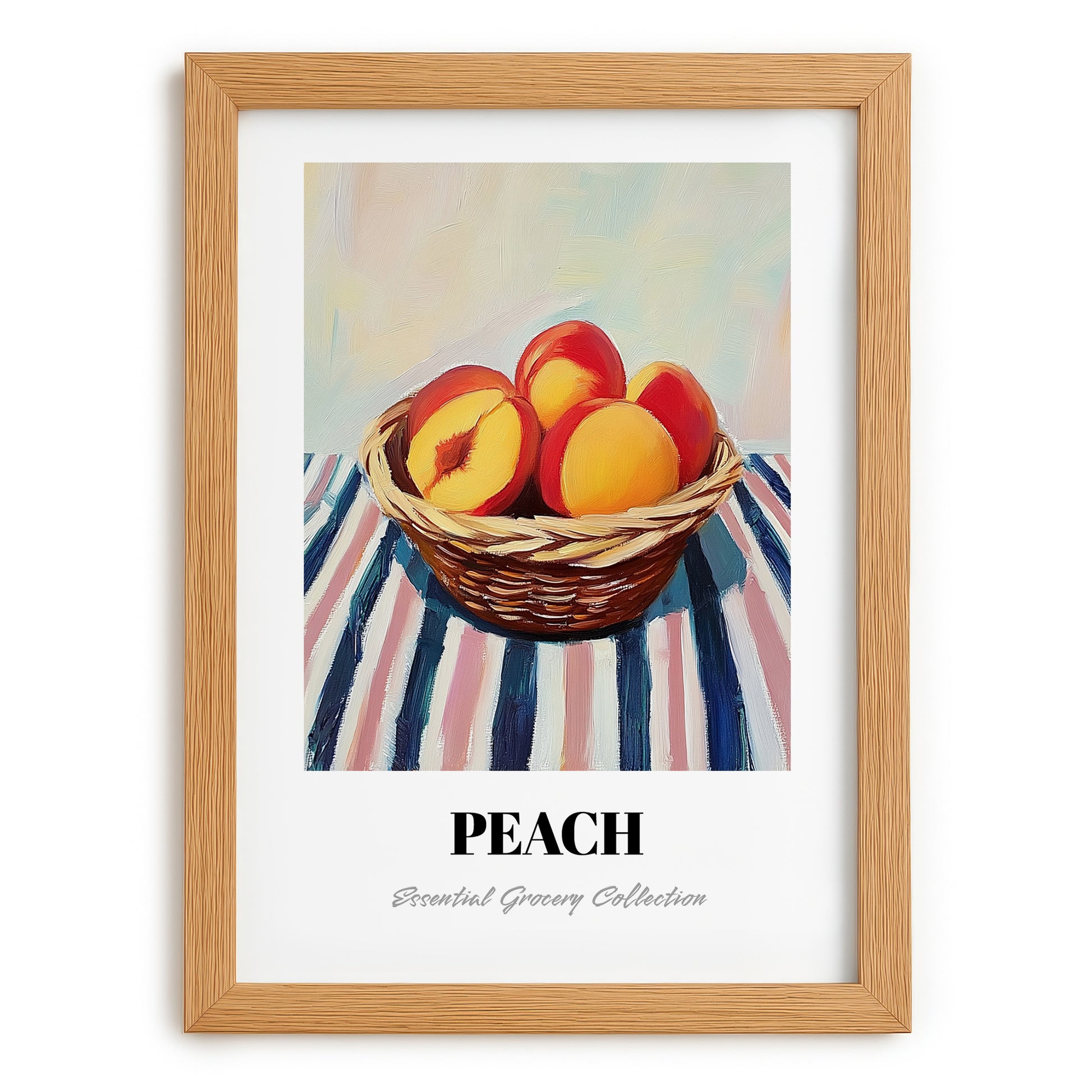 Peach – on Striped Tablecloth, Fruit Still Life, set in oak frame
