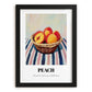 Peach – on Striped Tablecloth, Fruit Still Life, in sleek black frame