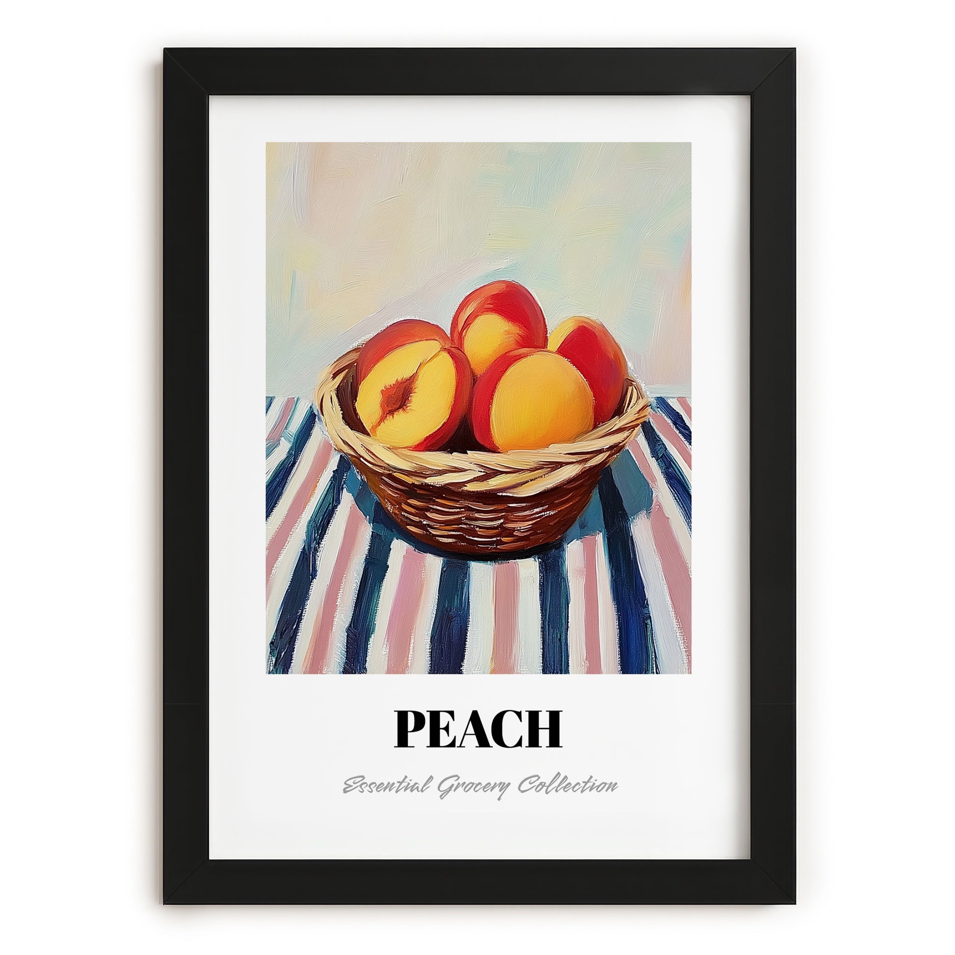 Peach – on Striped Tablecloth, Fruit Still Life, in sleek black frame