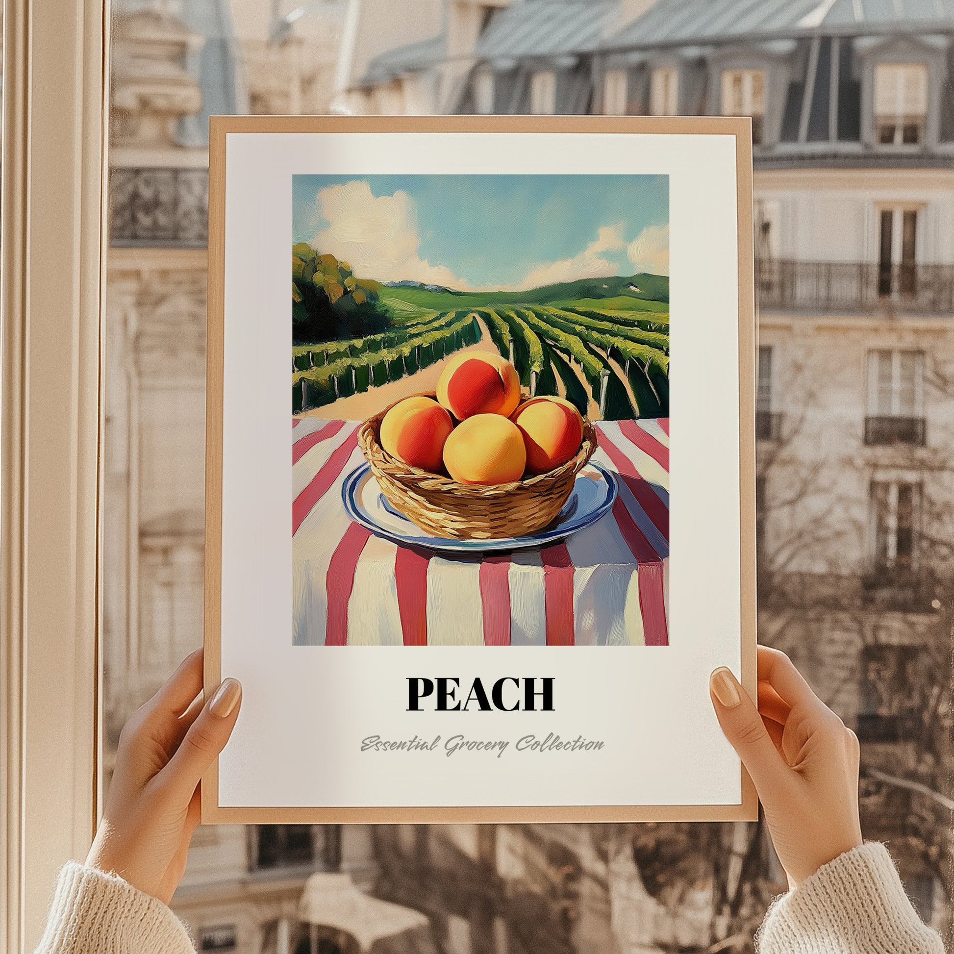 Peach – Valley Café Scene, Fruit Wall Decor, styled in a charming Paris street view