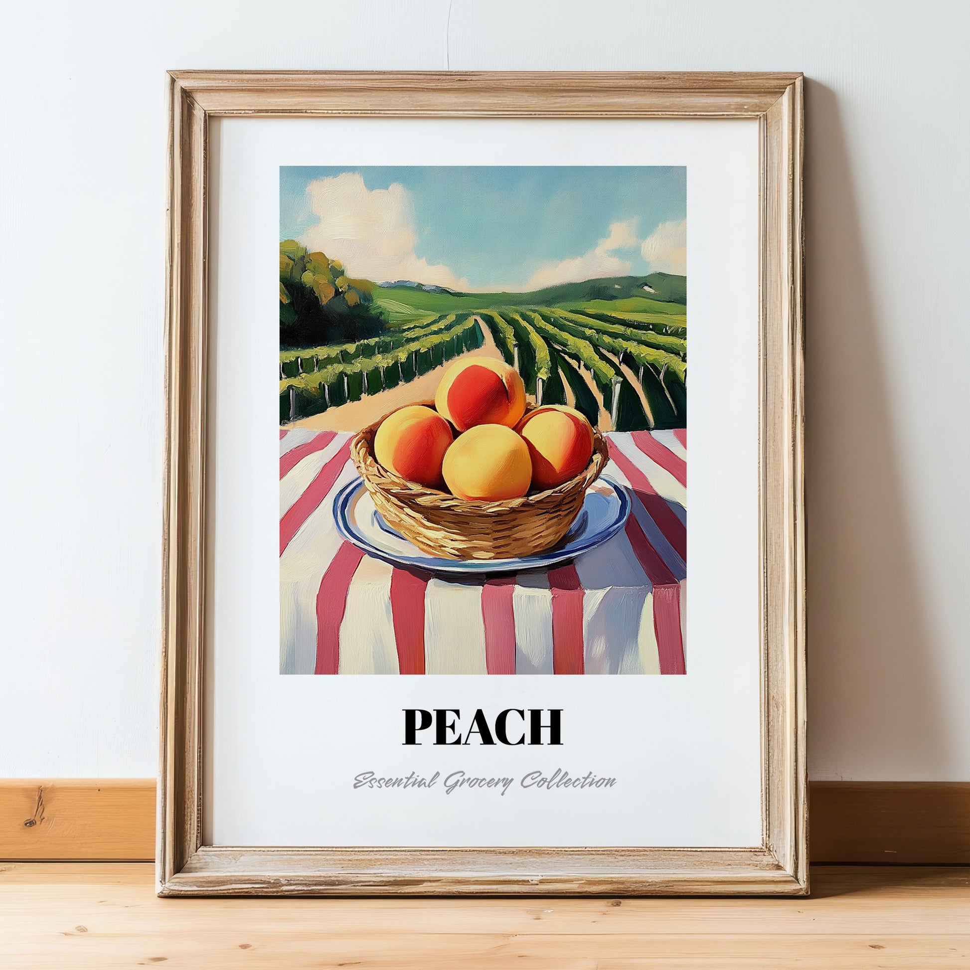 Peach – Valley Café Scene, Fruit Wall Decor, in wooden frame leaning on the floor