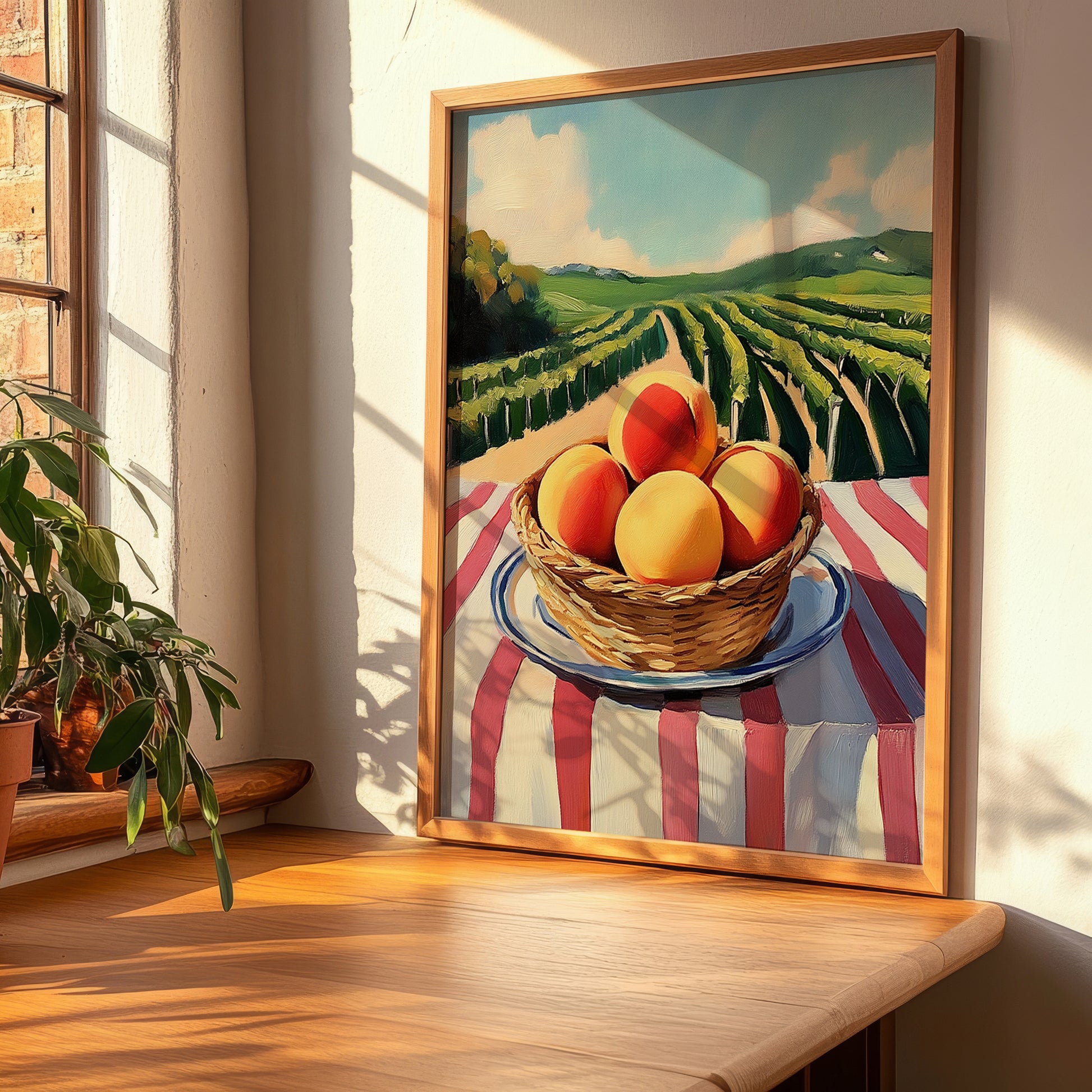 Peach – Valley Café Scene, Fruit Wall Decor, clean layout with no caption