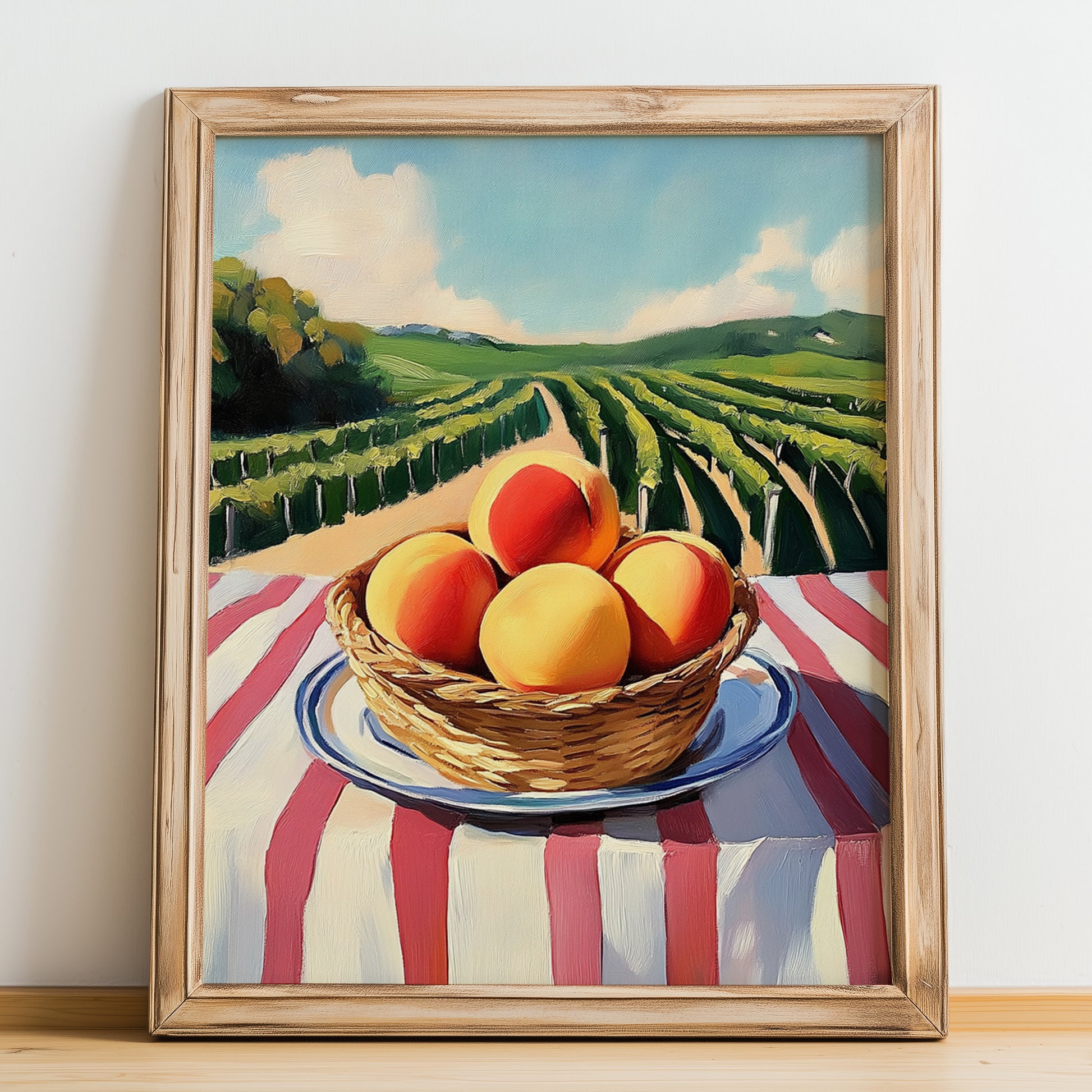 Peach – Valley Café Scene, Fruit Wall Decor, no-text version framed in wood