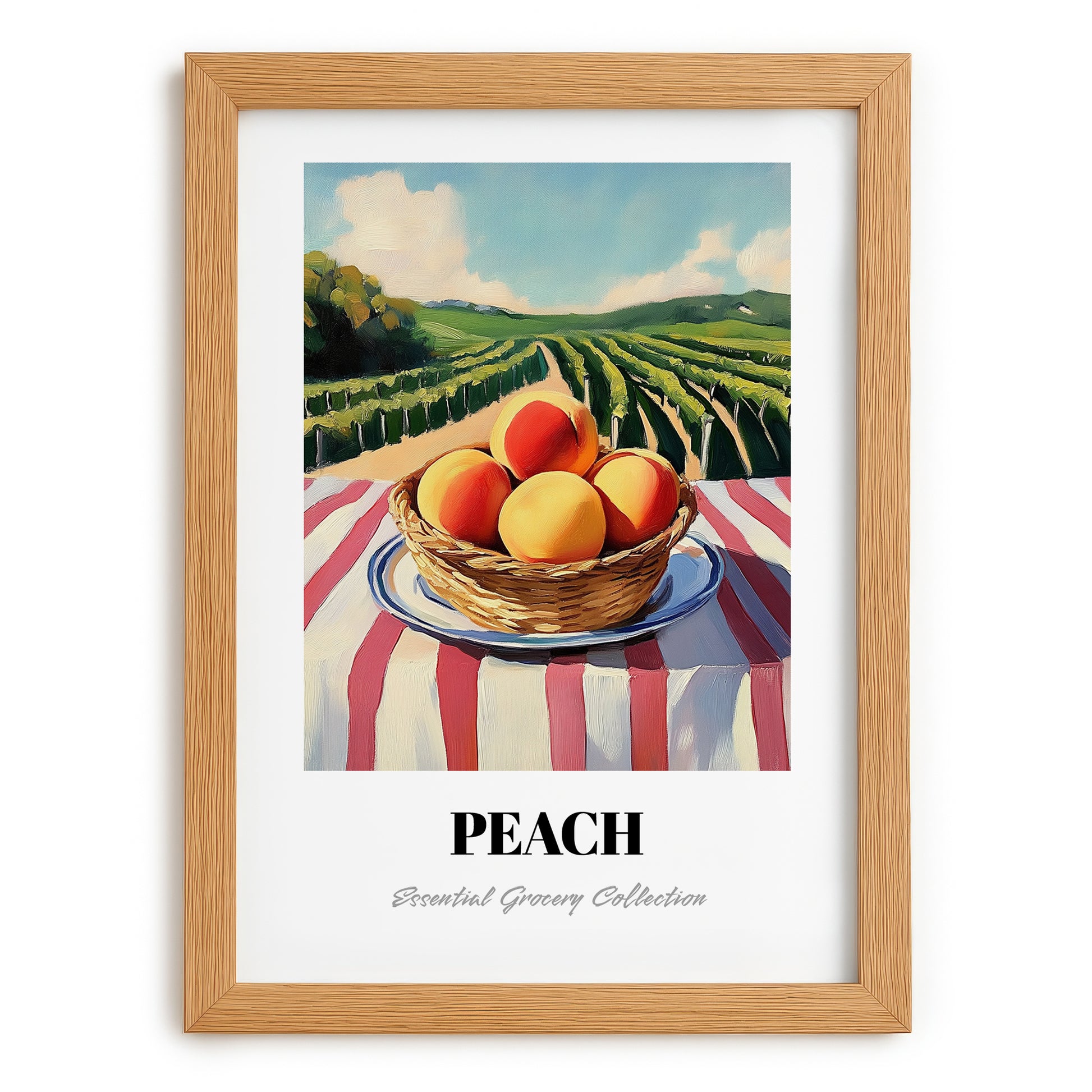 Peach – Valley Café Scene, Fruit Wall Decor, set in oak frame