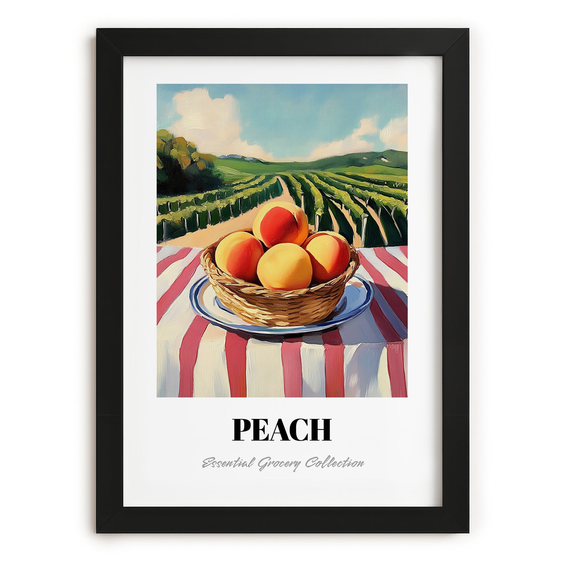 Peach – Valley Café Scene, Fruit Wall Decor, in sleek black frame