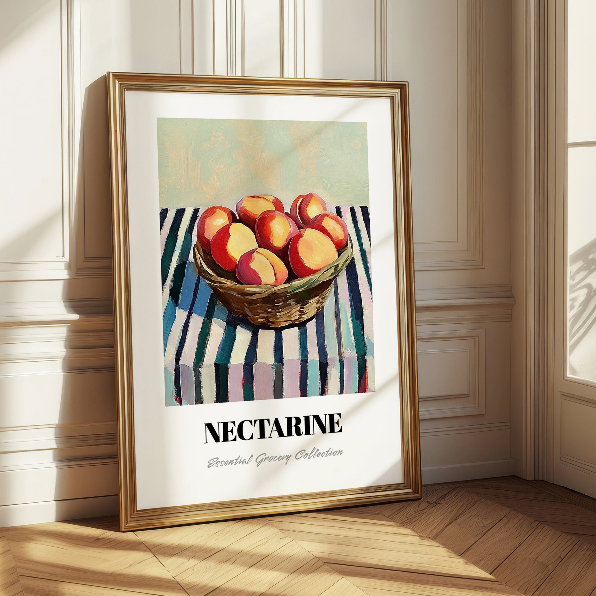 Nectarine – on Striped Tablecloth, Fruit Illustration