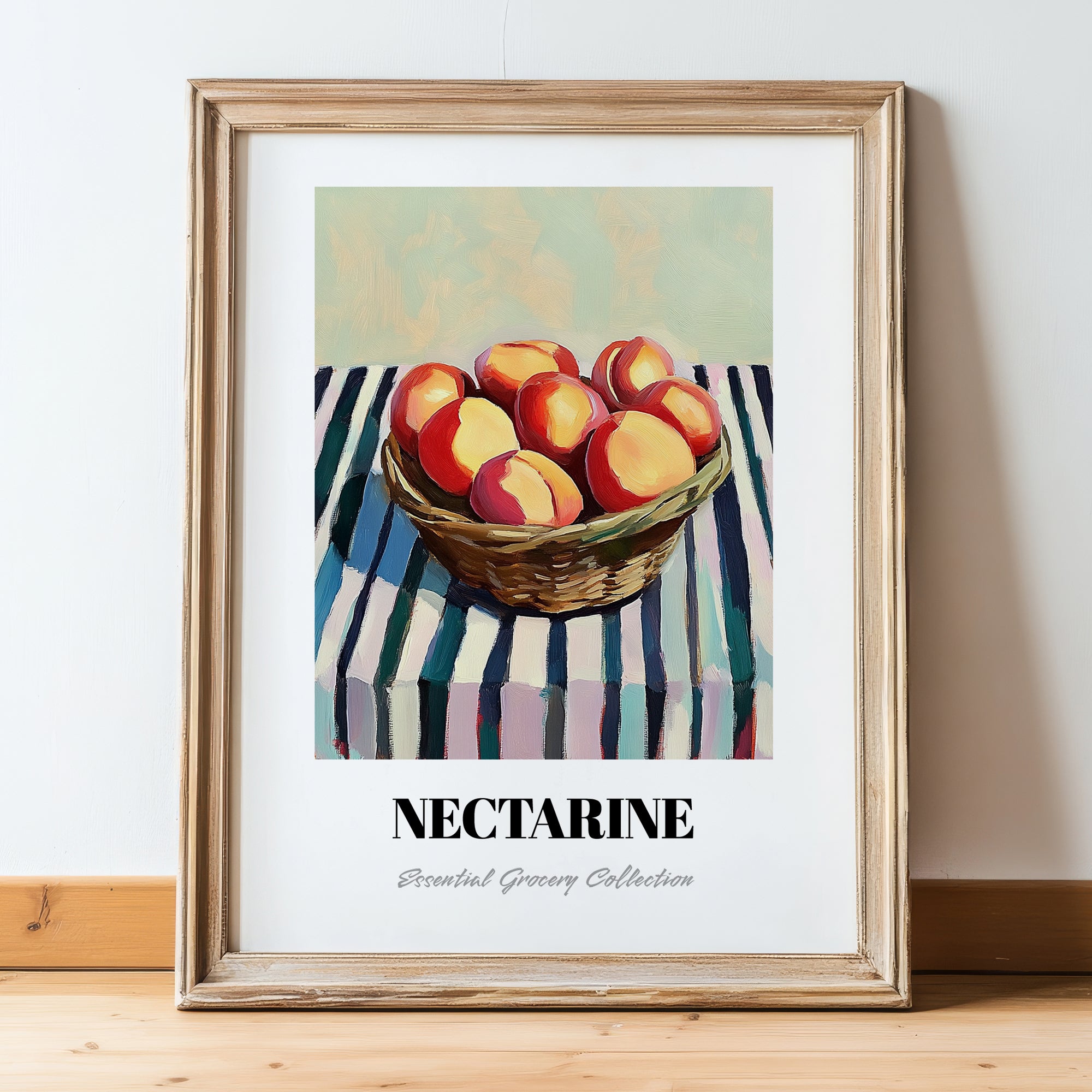 Nectarine – on Striped Tablecloth, Fruit Illustration, in wooden frame leaning on the floor