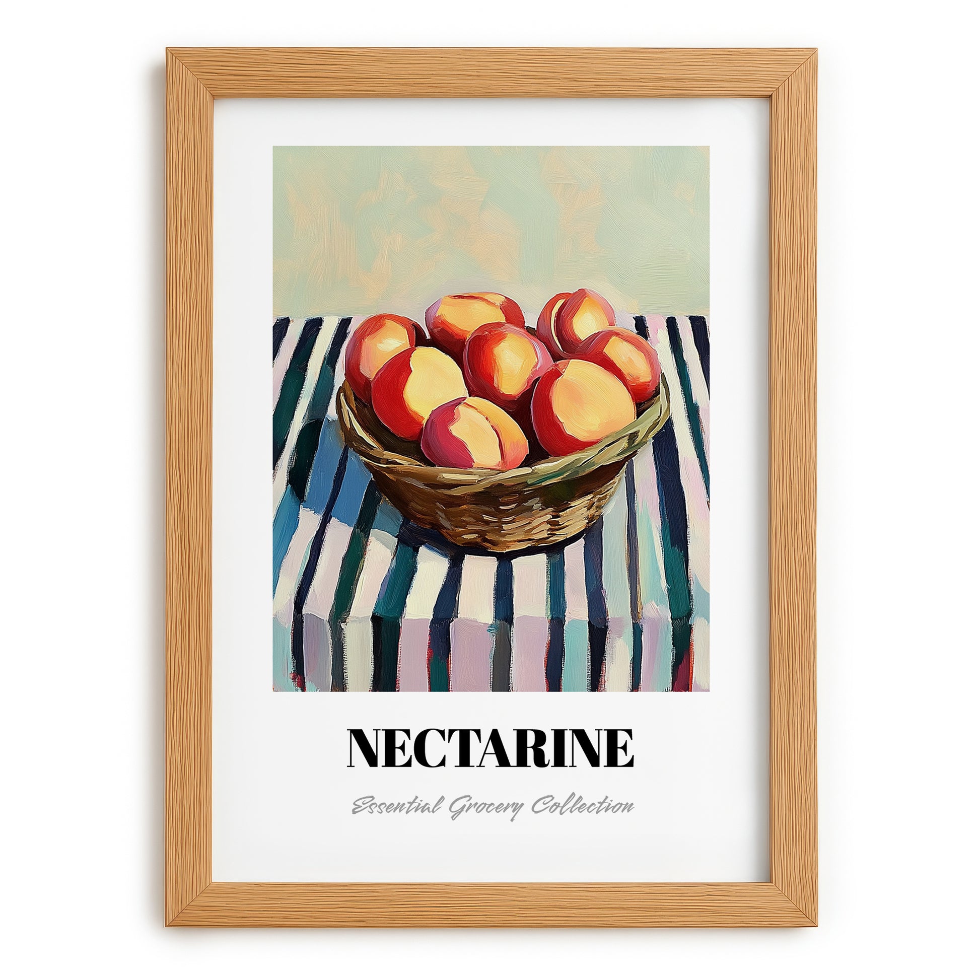 Nectarine – on Striped Tablecloth, Fruit Illustration, set in oak frame