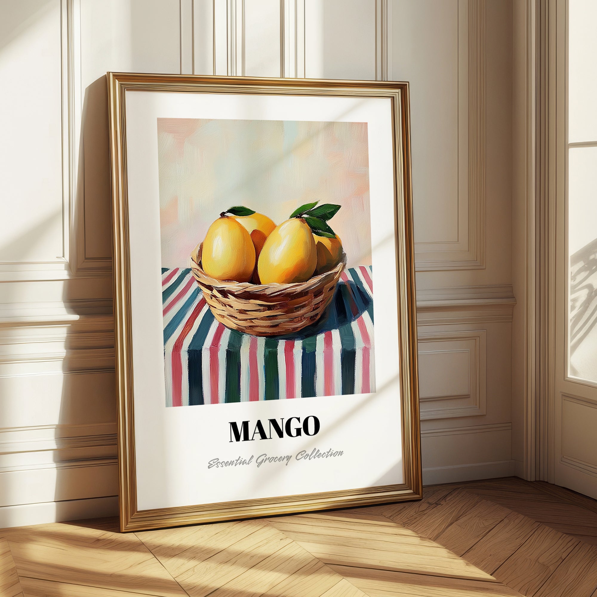 Mango – on Striped Tablecloth, Fruit Painting