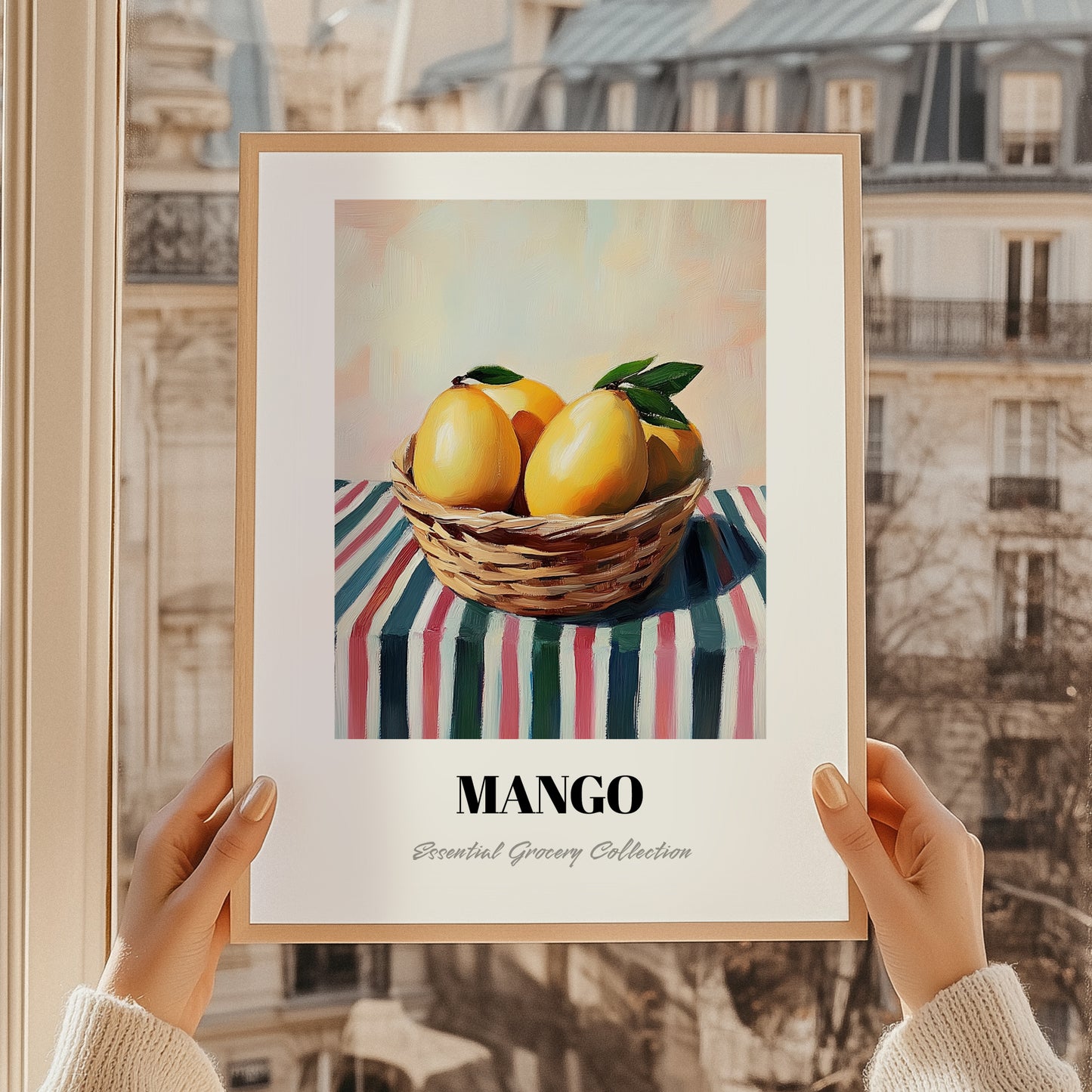 Mango – on Striped Tablecloth, Fruit Painting, styled in a charming Paris street view