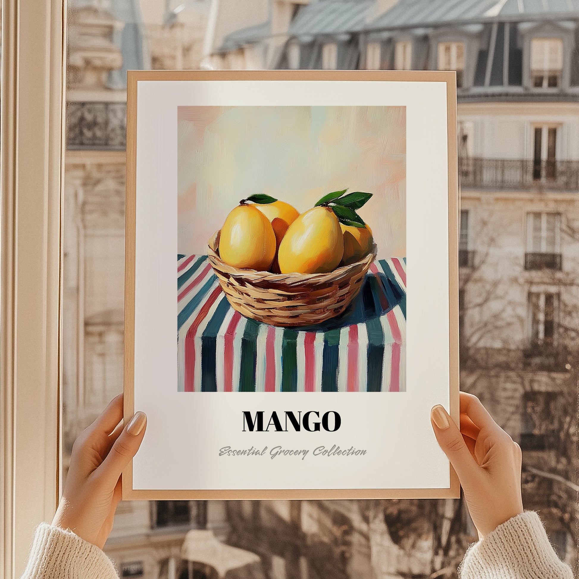 Mango – on Striped Tablecloth, Fruit Painting, styled in a charming Paris street view