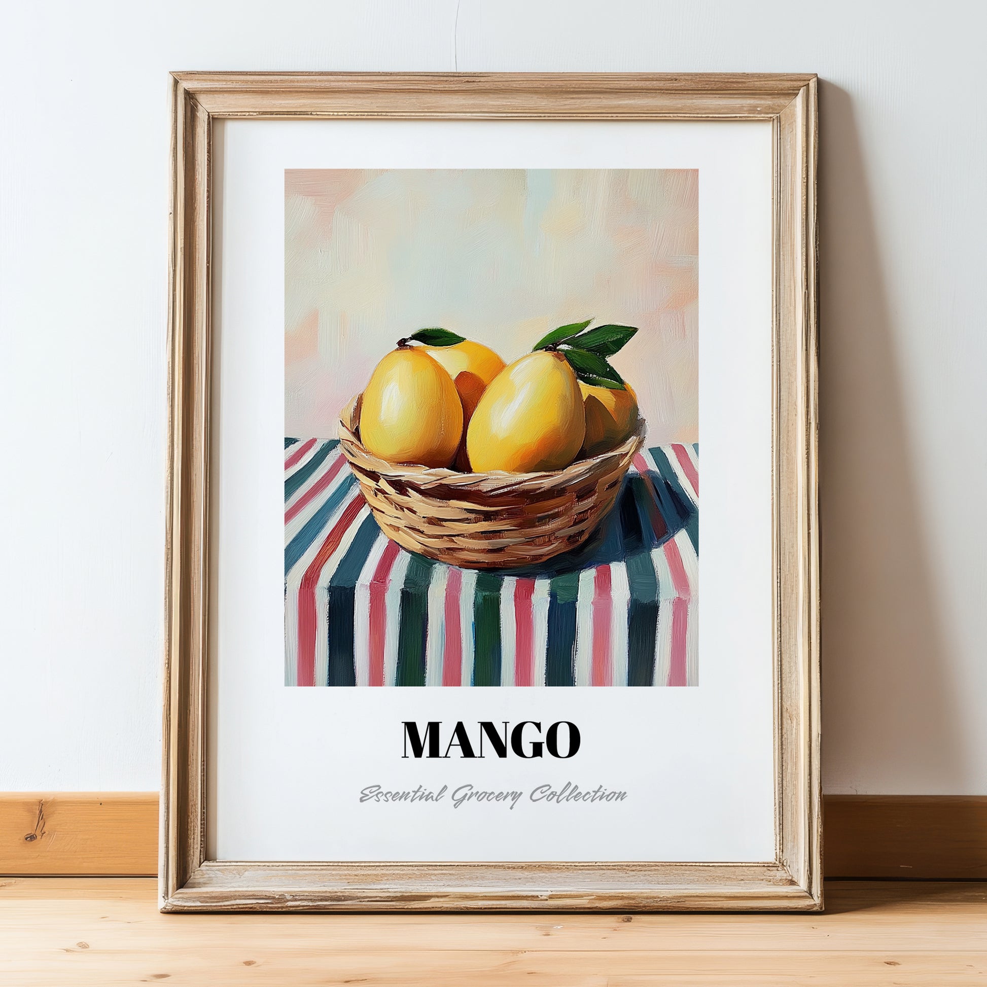 Mango – on Striped Tablecloth, Fruit Painting, in wooden frame leaning on the floor