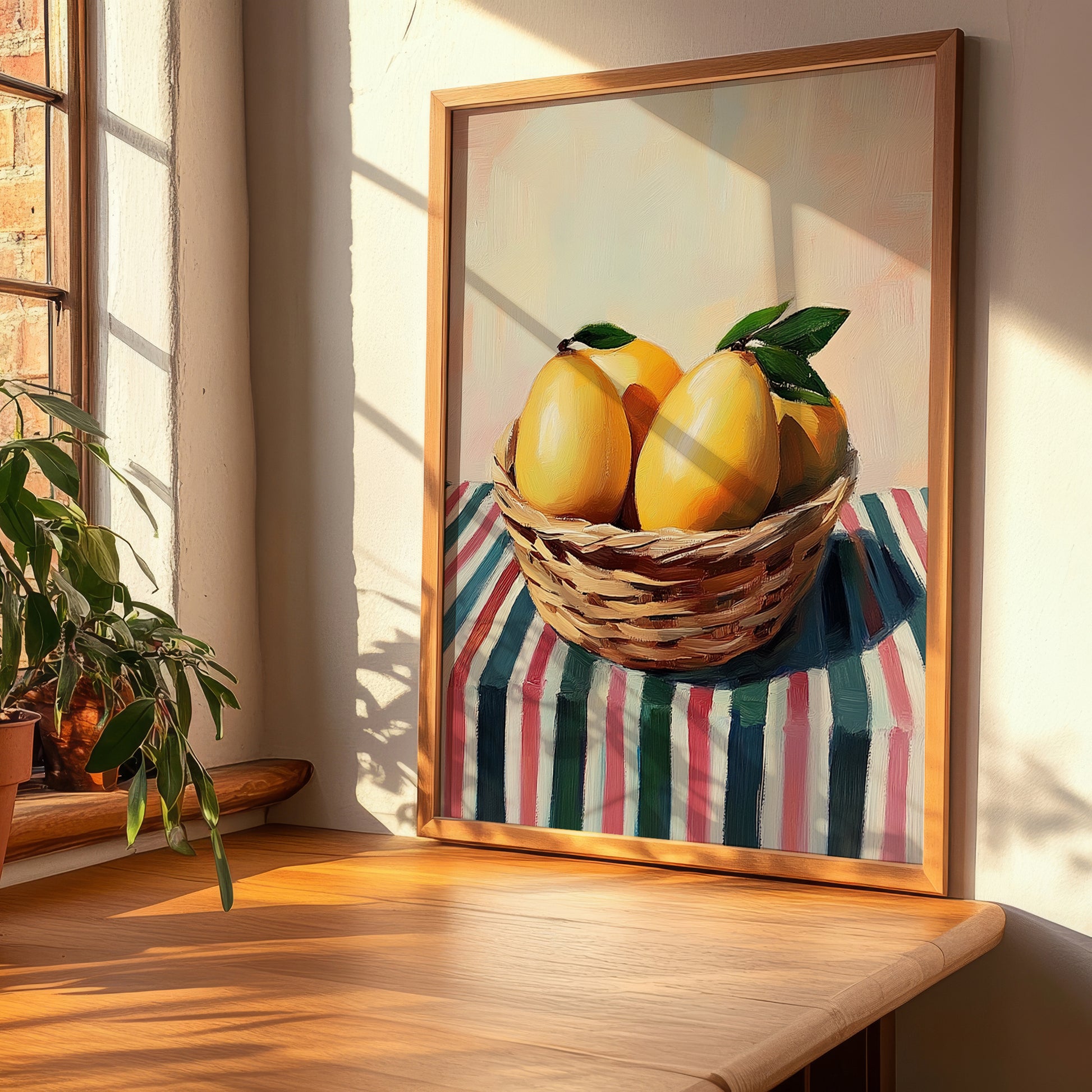 Mango – on Striped Tablecloth, Fruit Painting, clean layout with no caption