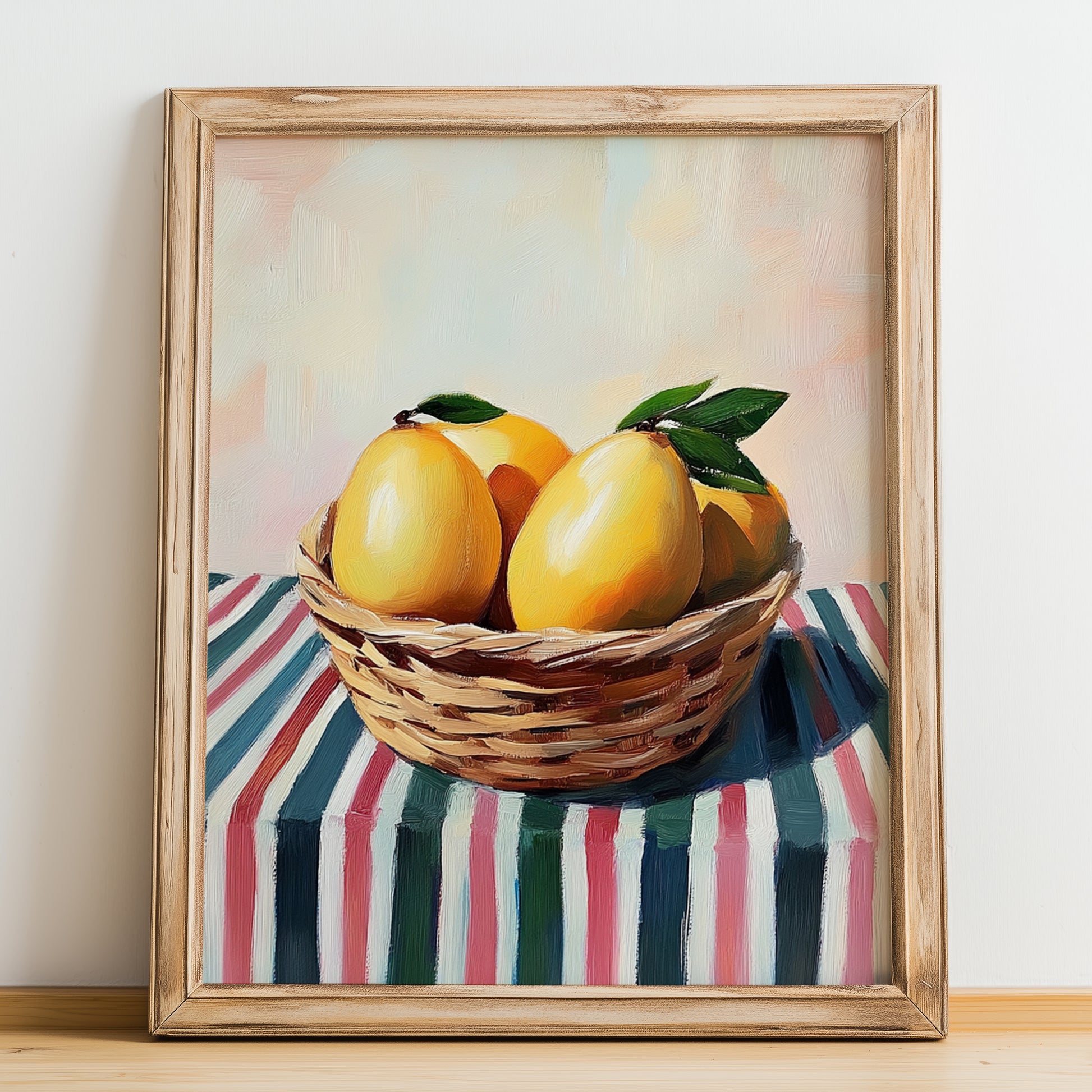 Mango – on Striped Tablecloth, Fruit Painting, no-text version framed in wood
