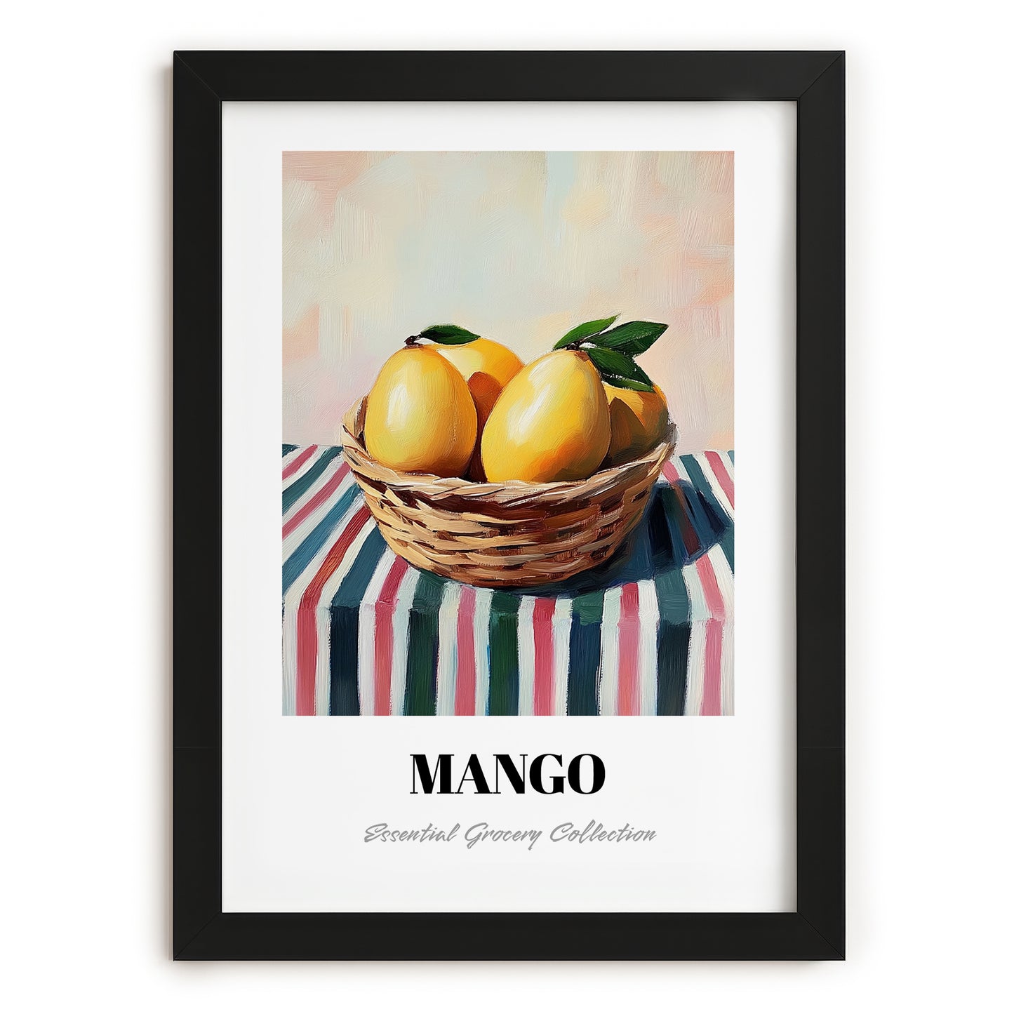 Mango – on Striped Tablecloth, Fruit Painting, in sleek black frame