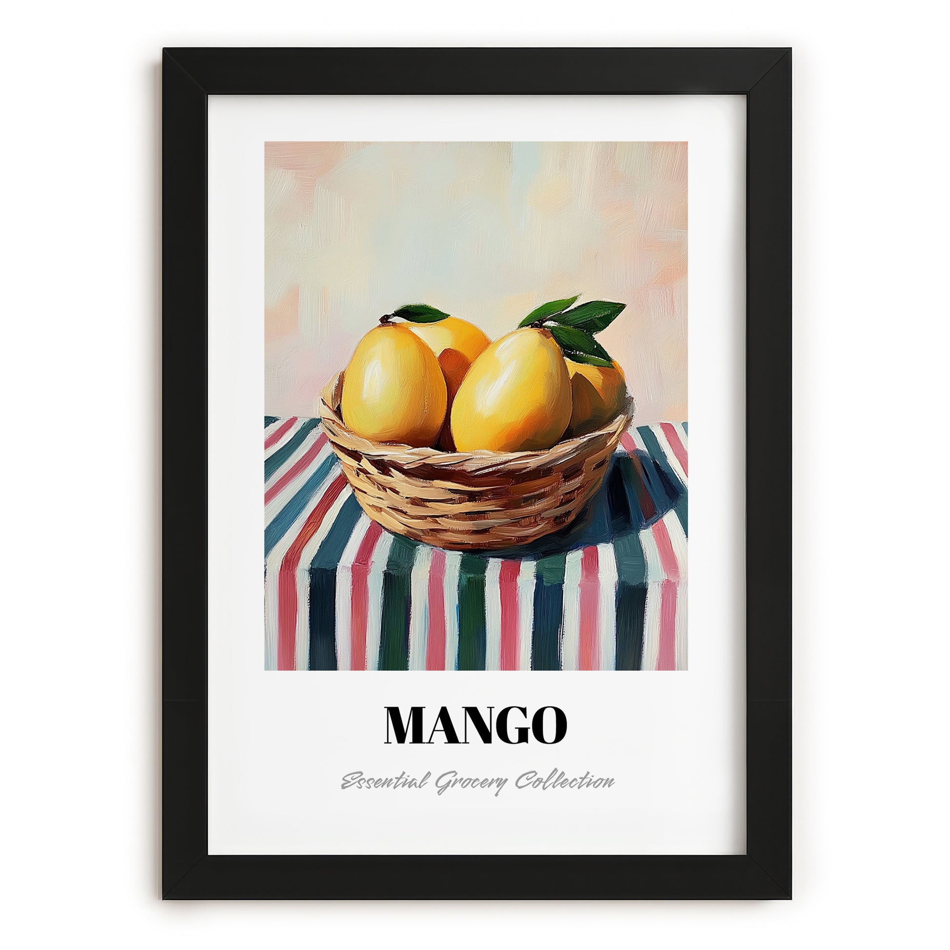 Mango – on Striped Tablecloth, Fruit Painting, in sleek black frame