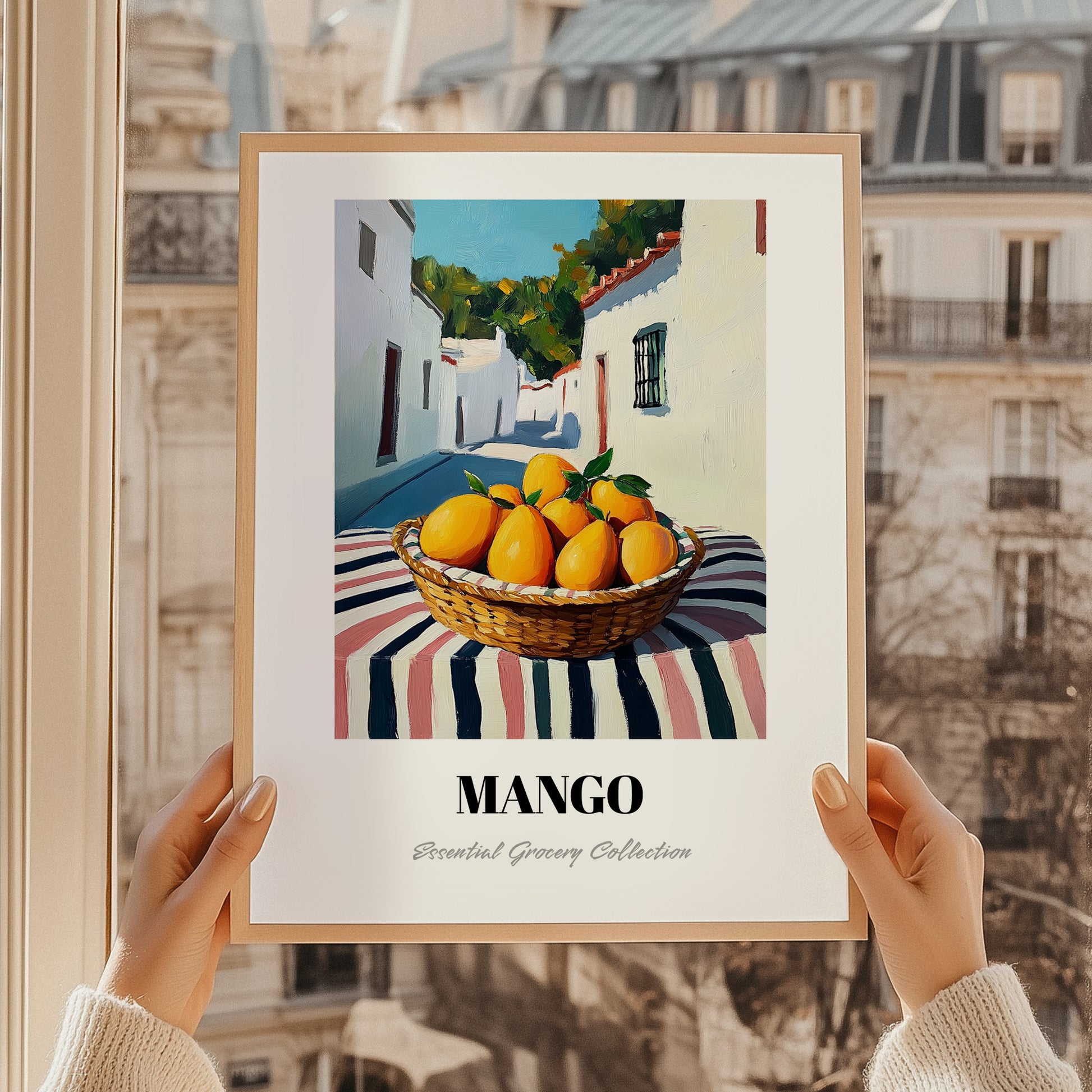 Mango – White village Café on the Corner, Fruit Print, styled in a charming Paris street view
