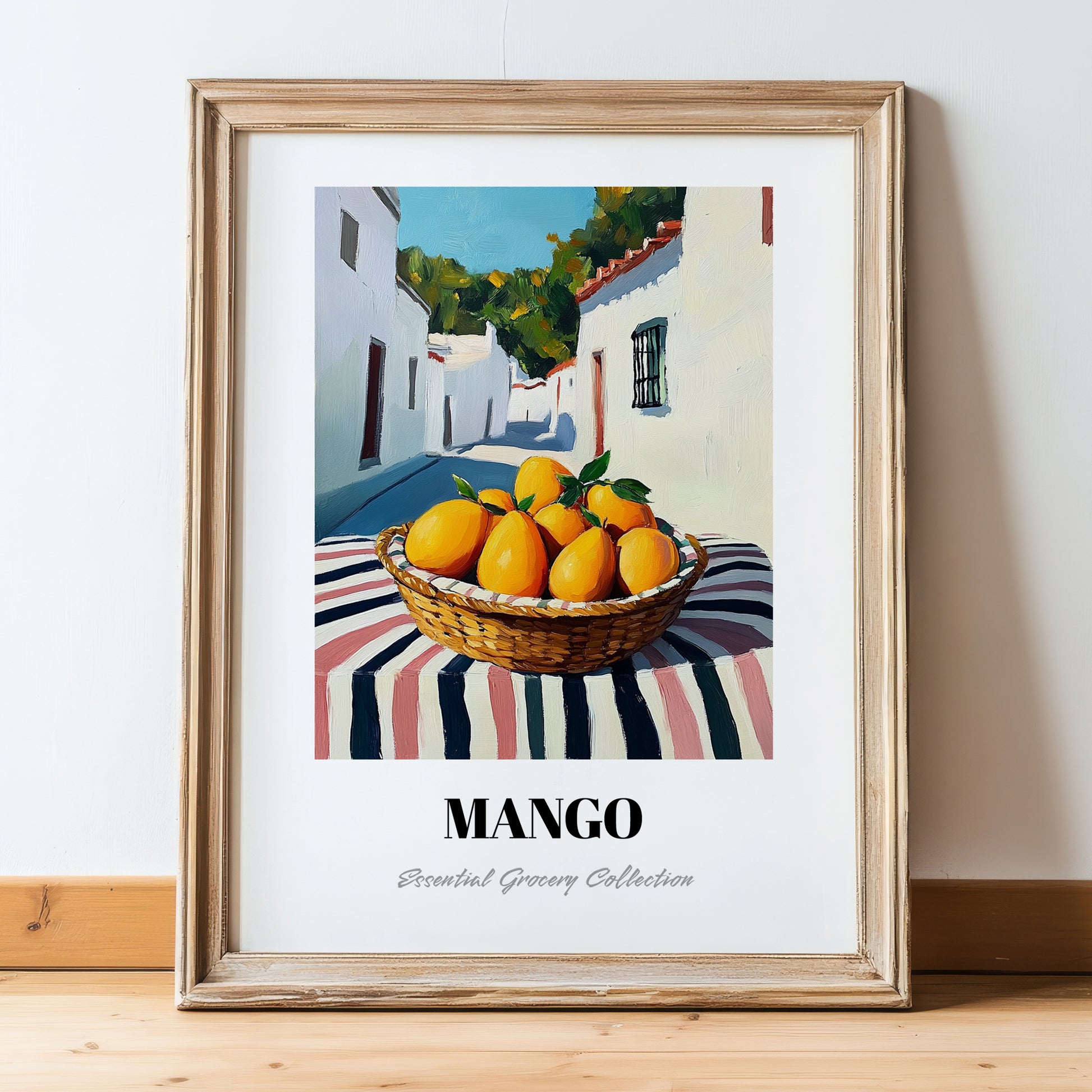 Mango – White village Café on the Corner, Fruit Print, in wooden frame leaning on the floor