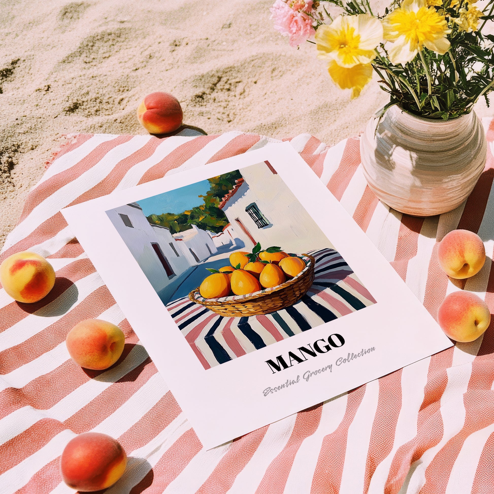 Mango – White village Café on the Corner, Fruit Print, unframed on coastal sand