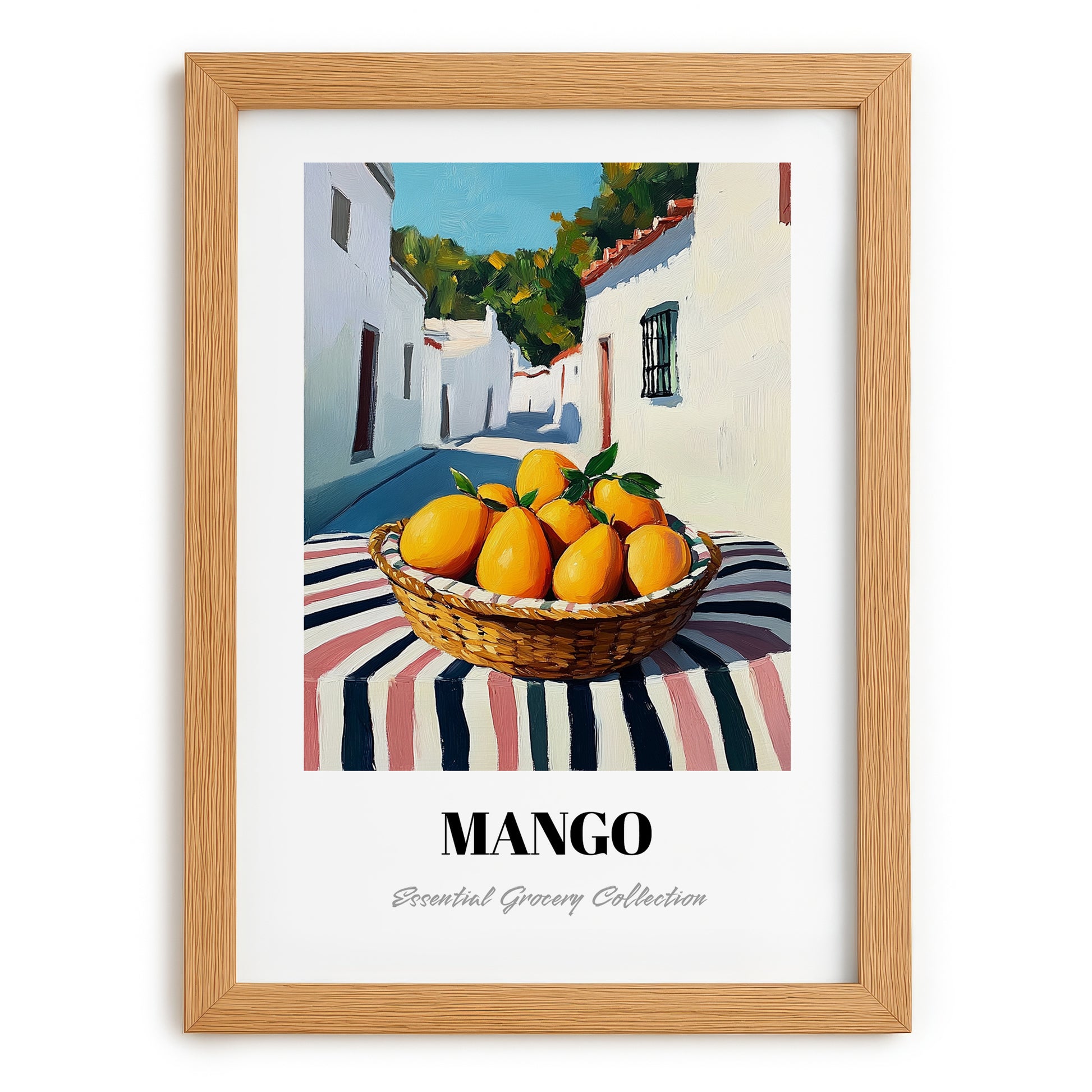 Mango – White village Café on the Corner, Fruit Print, set in oak frame