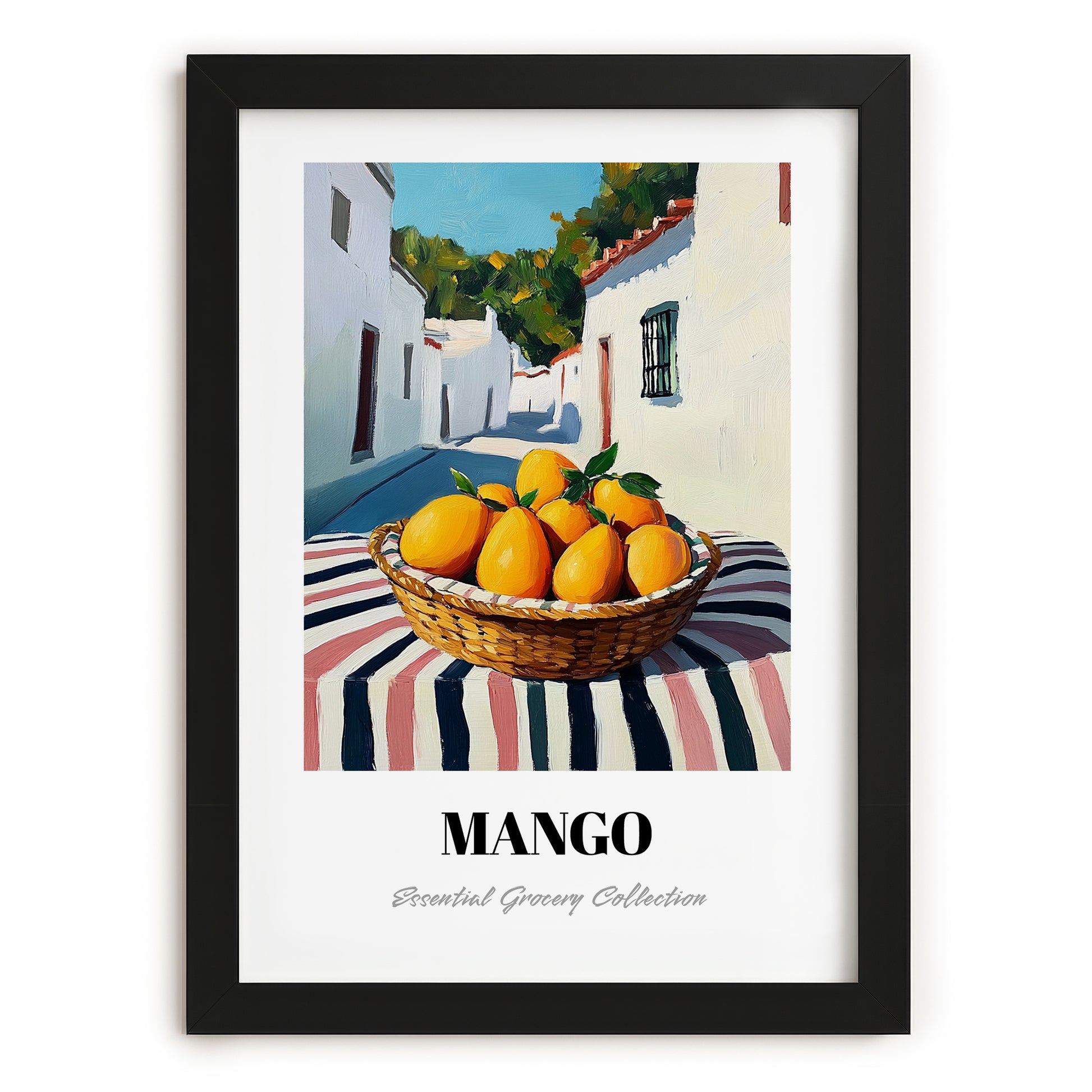 Mango – White village Café on the Corner, Fruit Print, in sleek black frame
