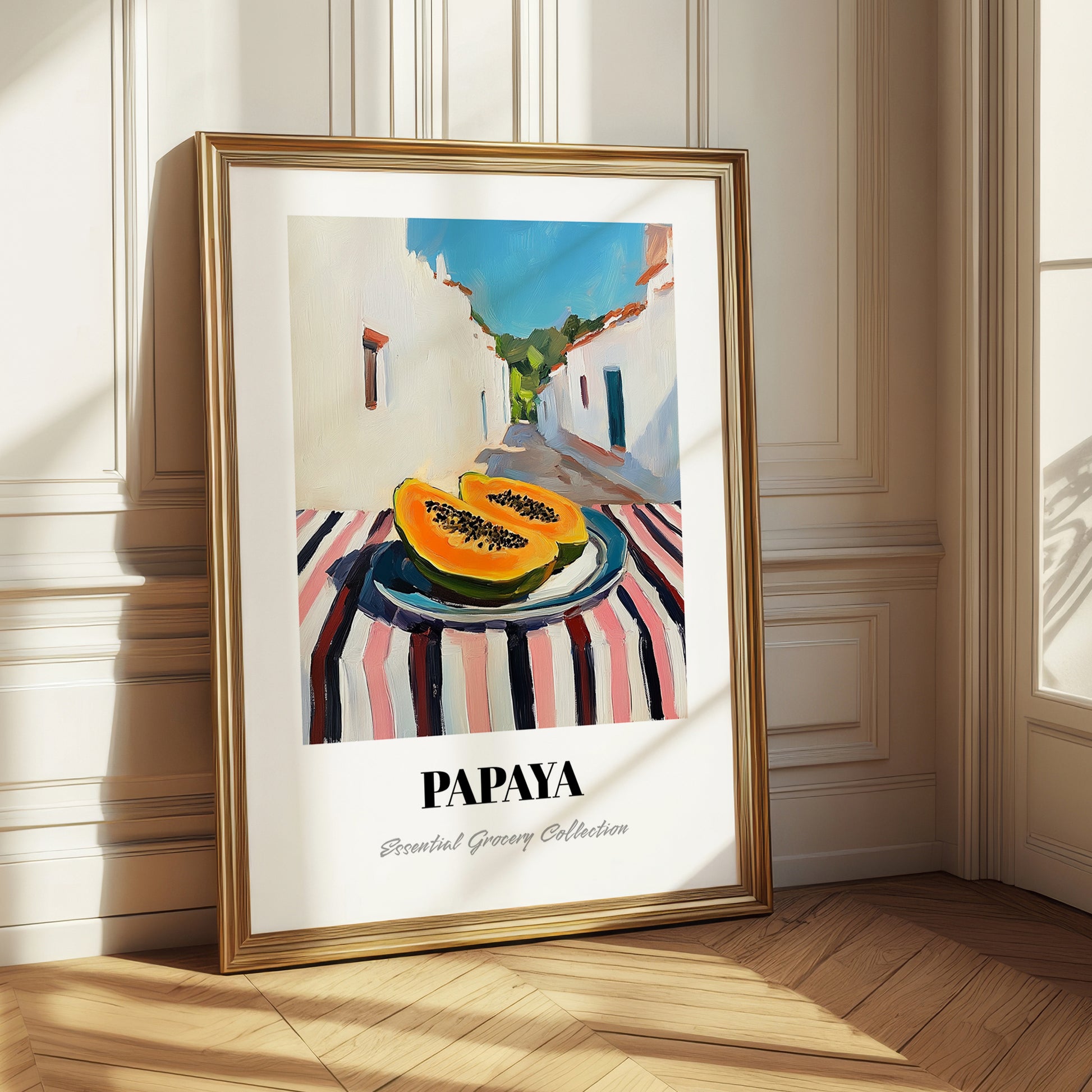 Papaya – White village Street Café Scene, Fruit Poster