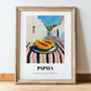 Papaya – White village Street Café Scene, Fruit Poster, in wooden frame leaning on the floor