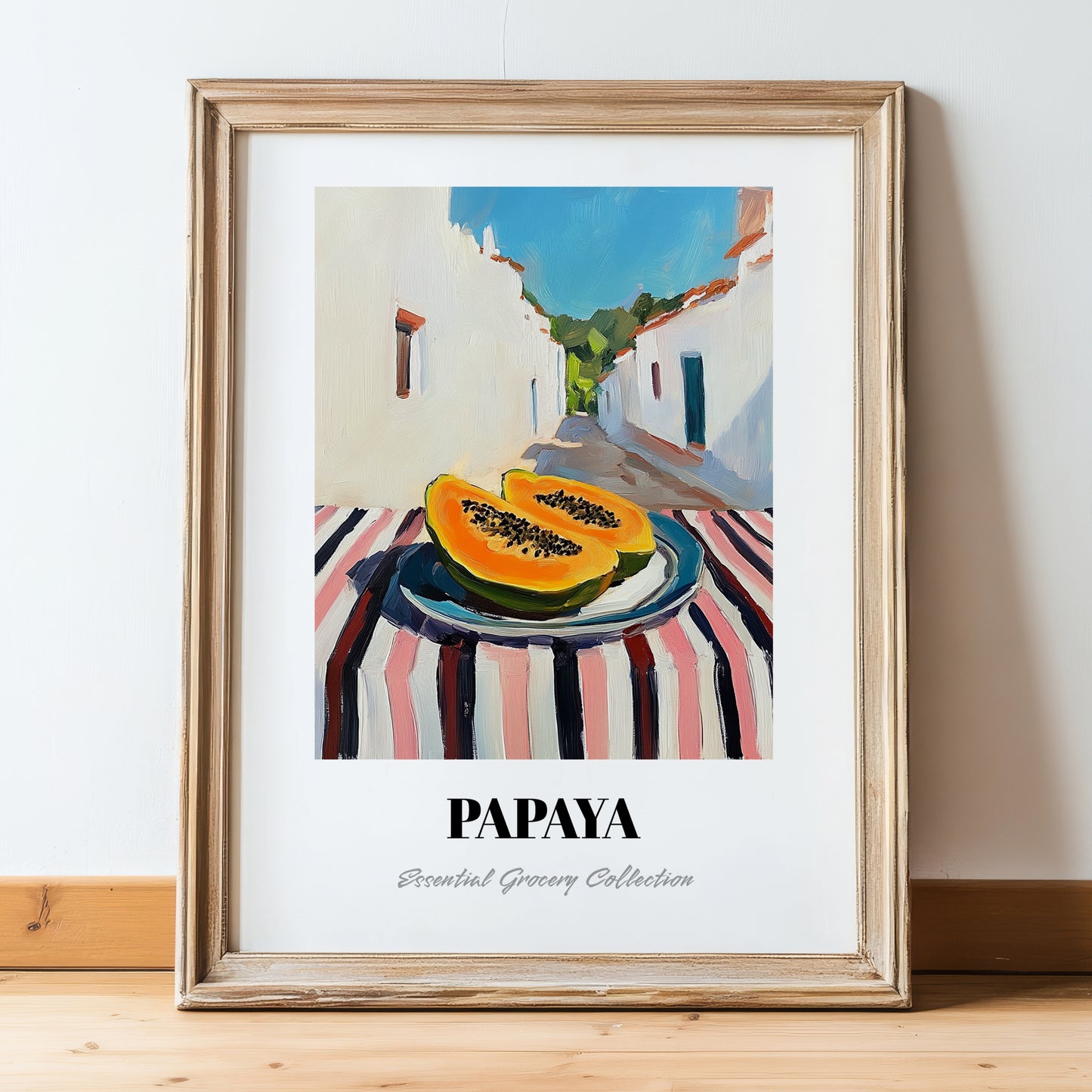 Papaya – White village Street Café Scene, Fruit Poster, in wooden frame leaning on the floor