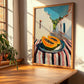 Papaya – White village Street Café Scene, Fruit Poster, clean layout with no caption