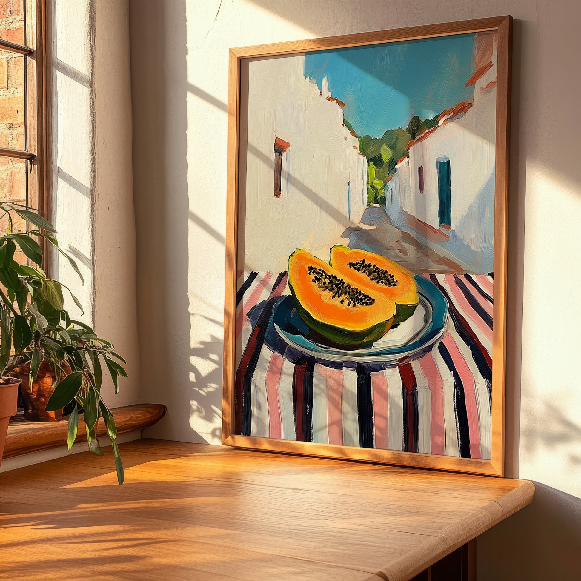 Papaya – White village Street Café Scene, Fruit Poster, clean layout with no caption