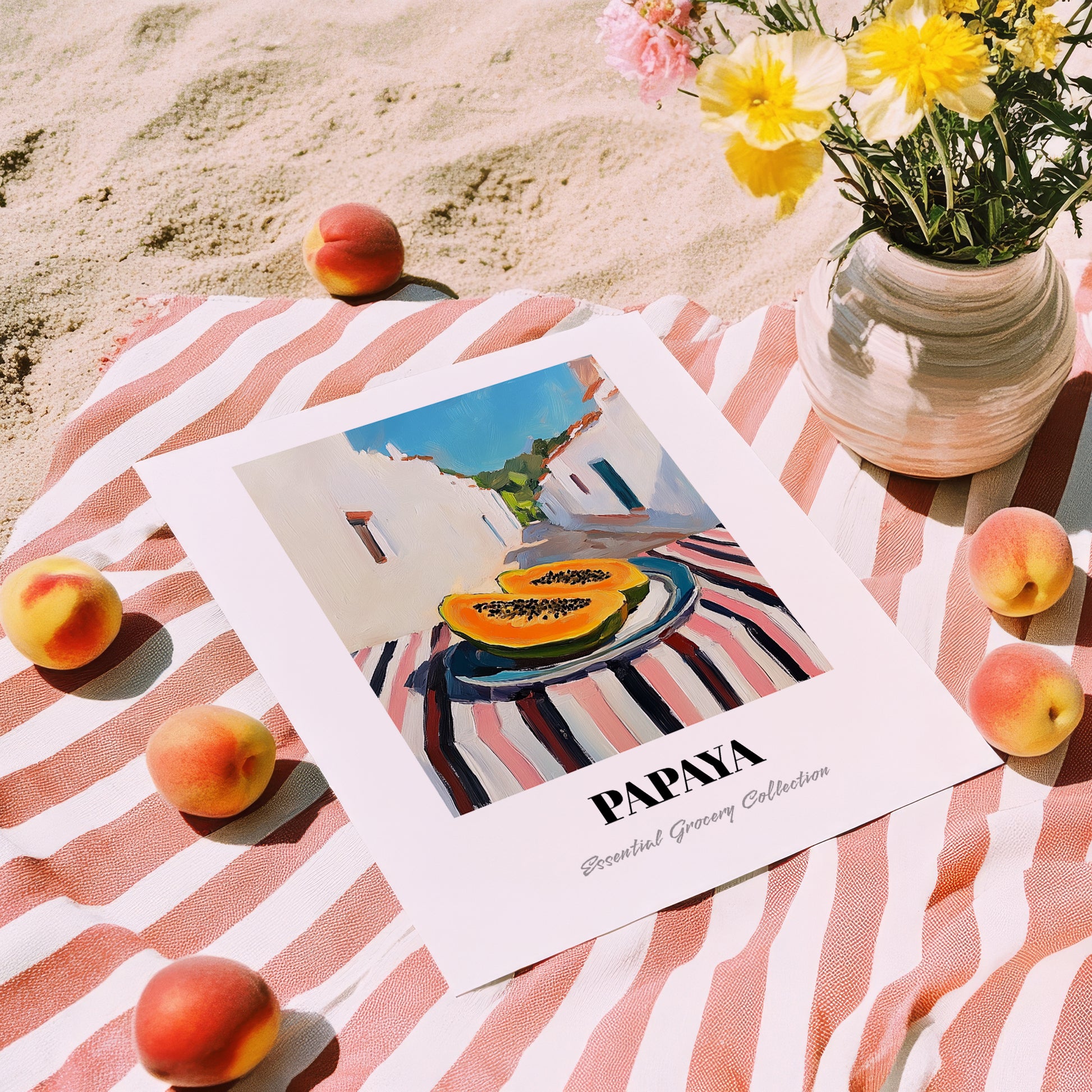 Papaya – White village Street Café Scene, Fruit Poster, unframed on coastal sand