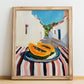 Papaya – White village Street Café Scene, Fruit Poster, no-text version framed in wood