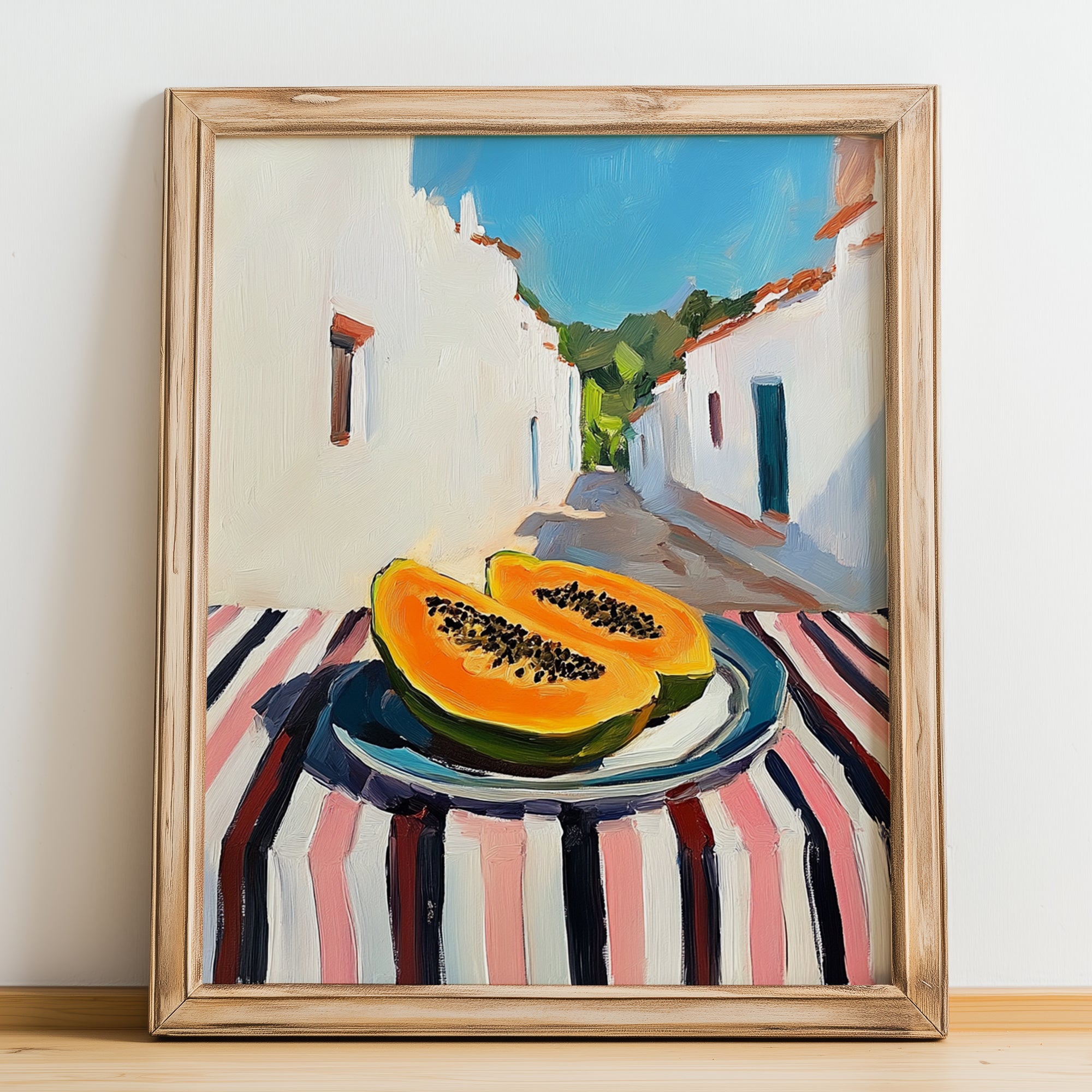 Papaya – White village Street Café Scene, Fruit Poster, no-text version framed in wood