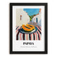Papaya – White village Street Café Scene, Fruit Poster, in sleek black frame