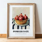 Pomegranate – on Striped Tablecloth, Fruit Illustration, in wooden frame leaning on the floor