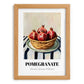 Pomegranate – on Striped Tablecloth, Fruit Illustration, set in oak frame