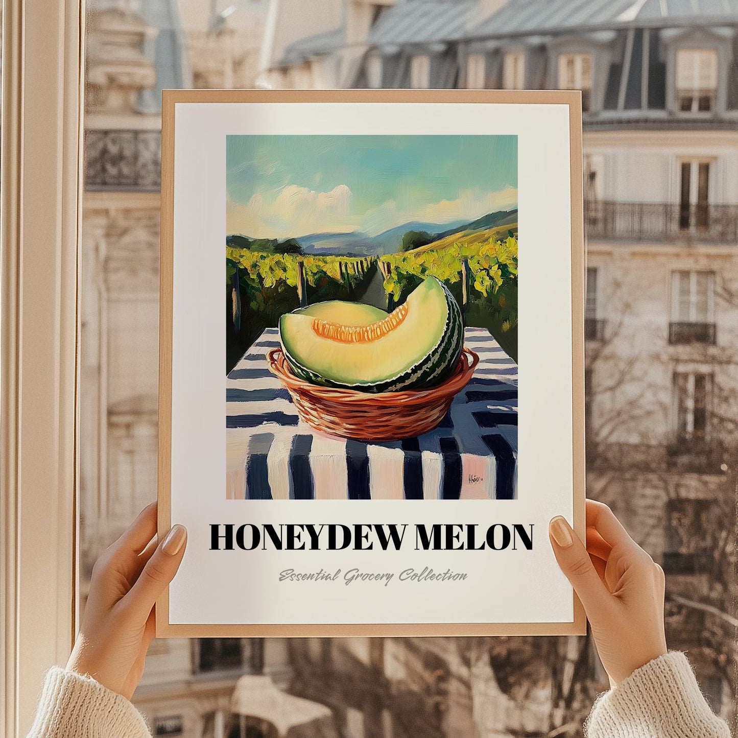 Honeydew Melon – Valley Café Scene, Fruit Illustration, styled in a charming Paris street view