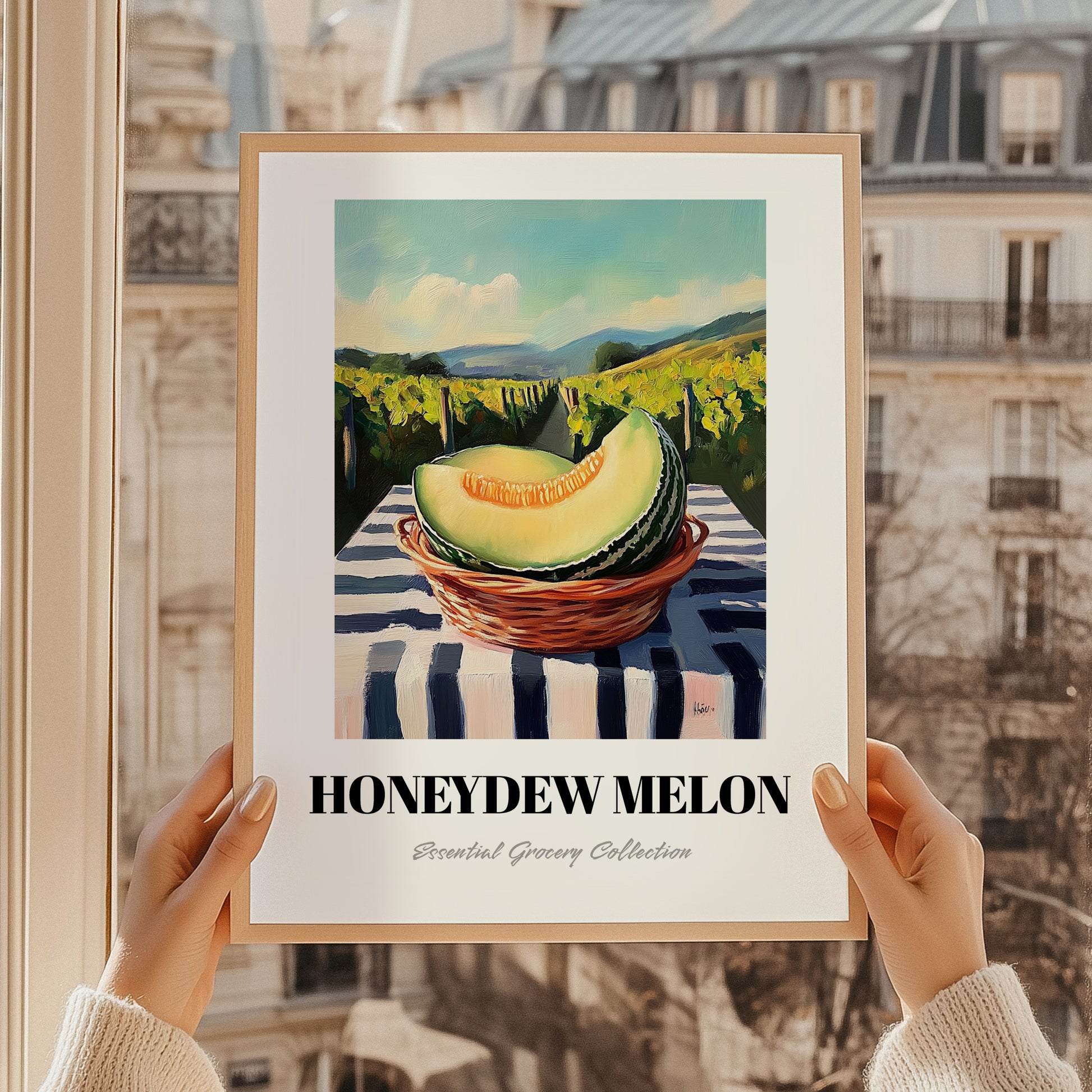 Honeydew Melon – Valley Café Scene, Fruit Illustration, styled in a charming Paris street view