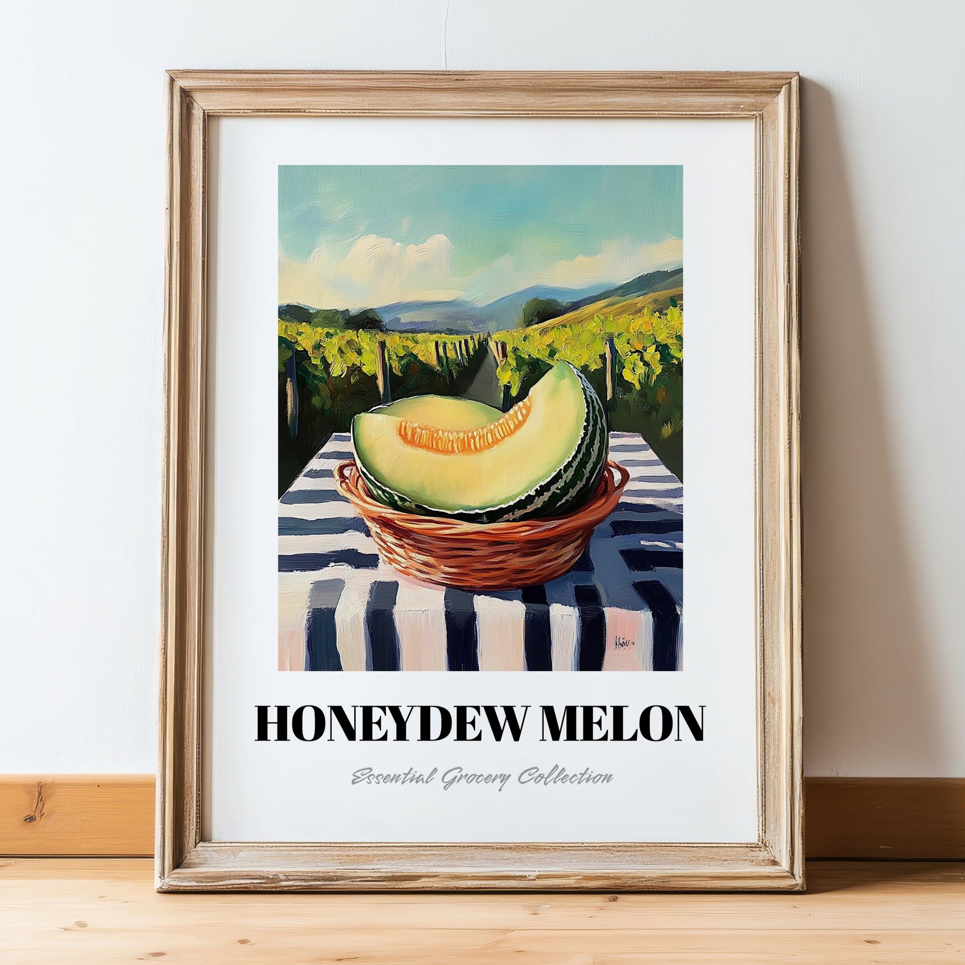 Honeydew Melon – Valley Café Scene, Fruit Illustration, in wooden frame leaning on the floor