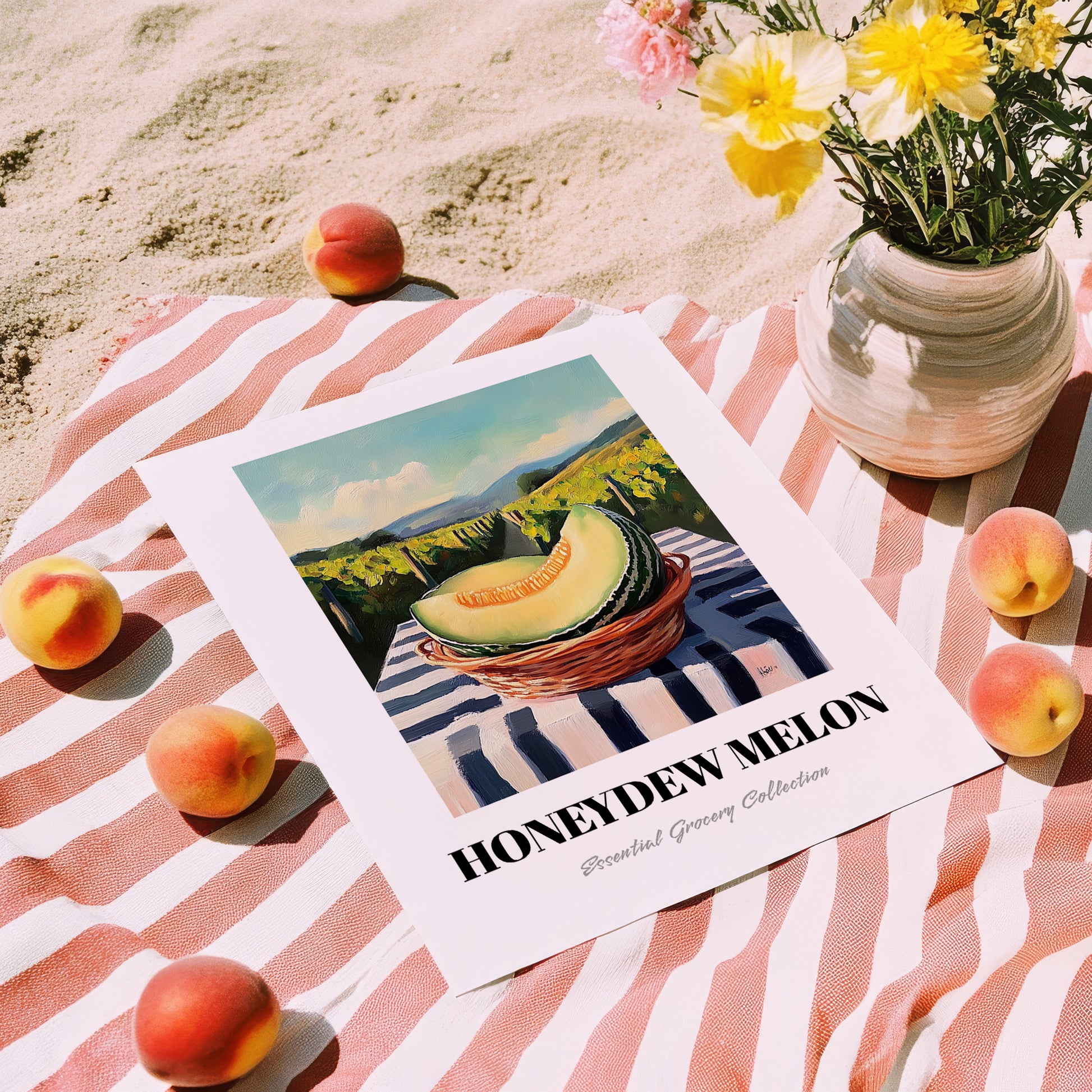 Honeydew Melon – Valley Café Scene, Fruit Illustration, unframed on coastal sand
