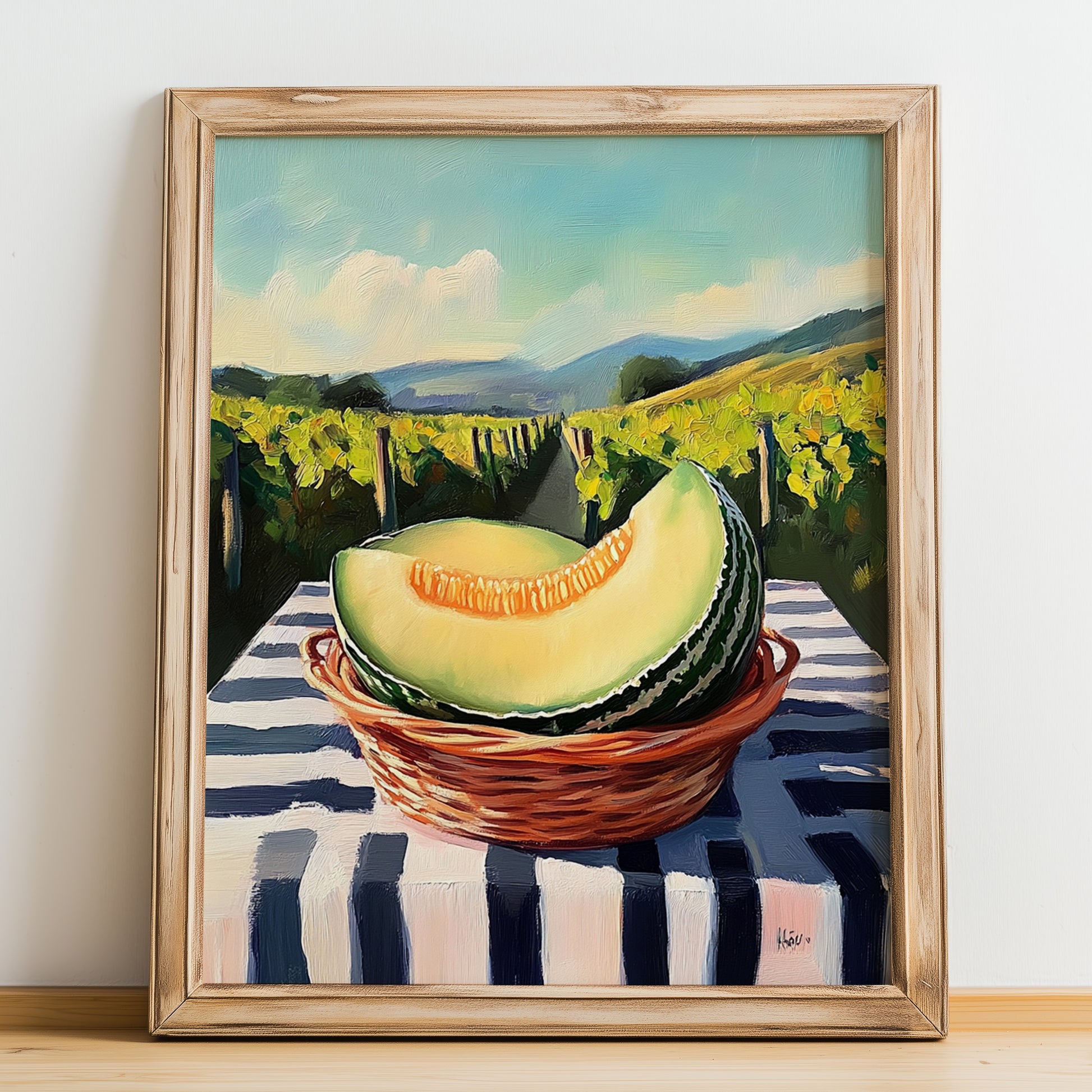 Honeydew Melon – Valley Café Scene, Fruit Illustration, no-text version framed in wood