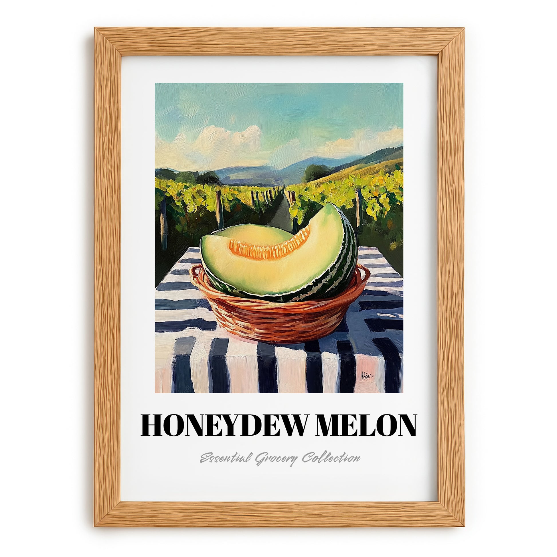 Honeydew Melon – Valley Café Scene, Fruit Illustration, set in oak frame