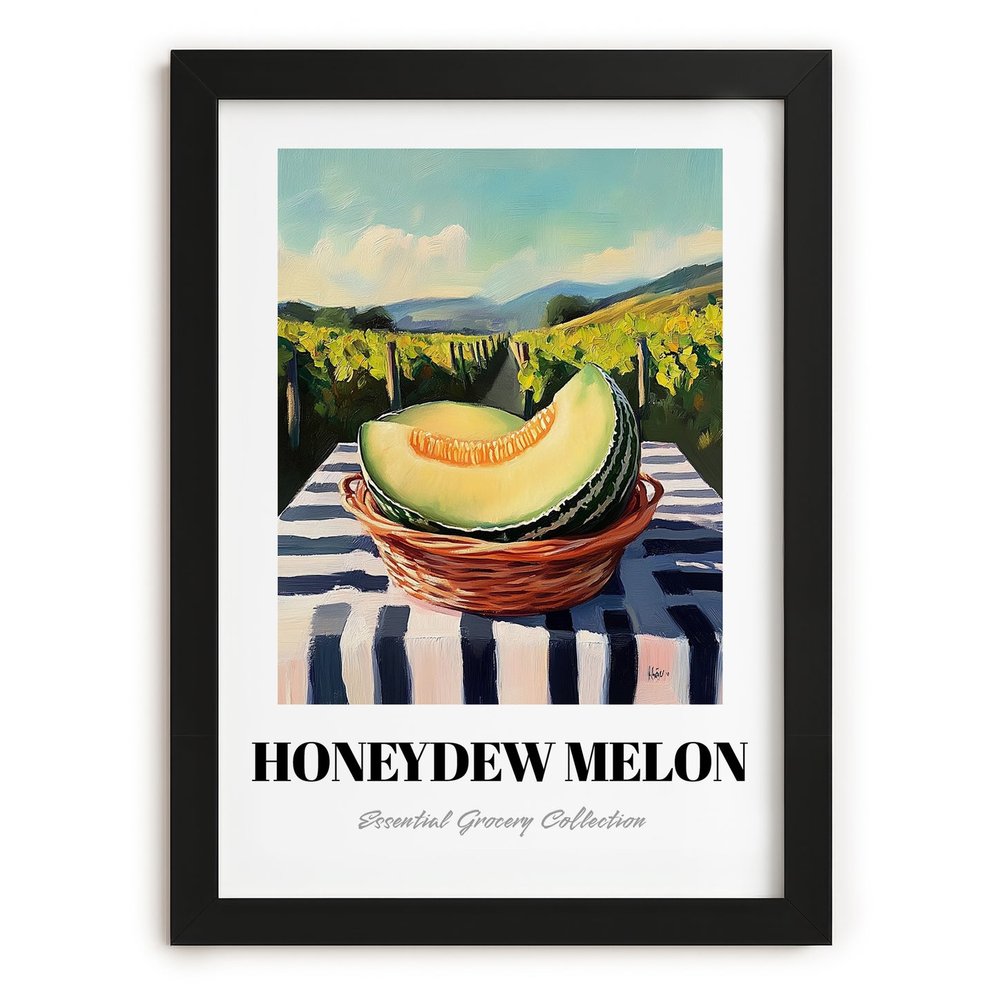 Honeydew Melon – Valley Café Scene, Fruit Illustration, in sleek black frame