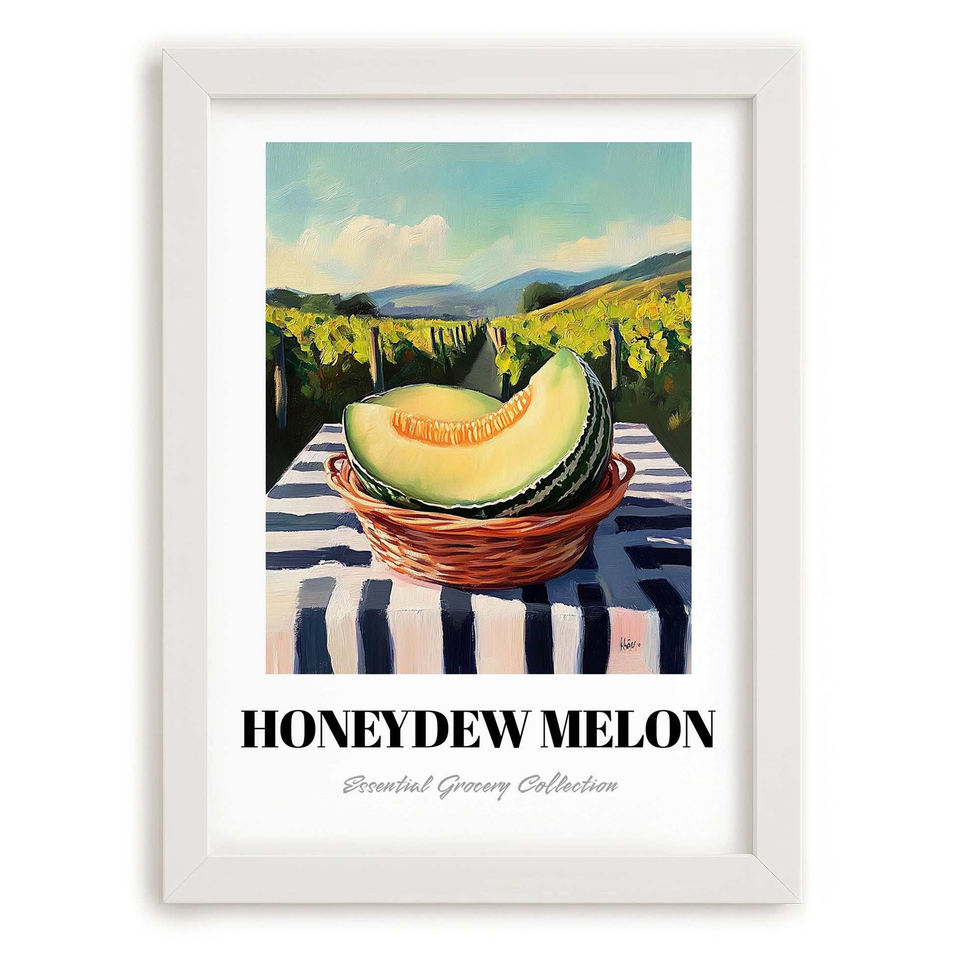 Honeydew Melon – Valley Café Scene, Fruit Illustration, placed in minimal white frame
